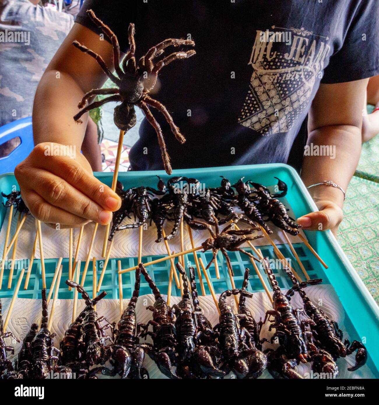 A street vendor selling fried scorpions on Khaosan Road in Bangkok, Thailand. Stock Photo