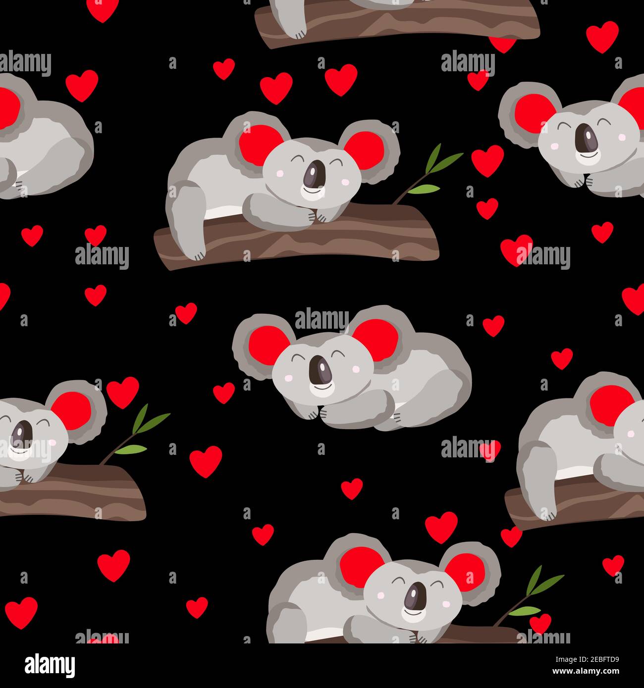 Seamless pattern with cute koala baby and hearts on dark background ...
