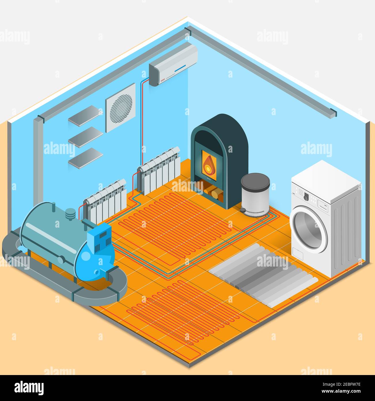 Heating cooling system interior isometric template of bathroom with