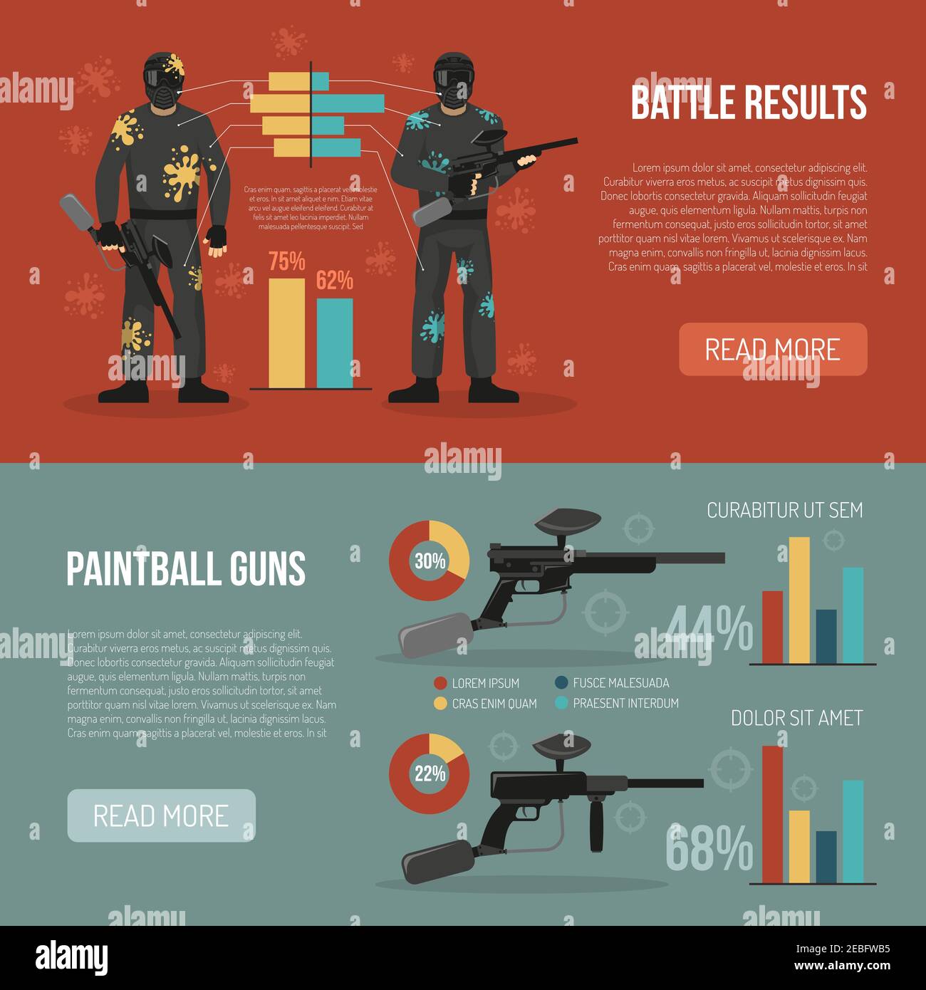 Two horizontal banners set with paintball battle results and guns