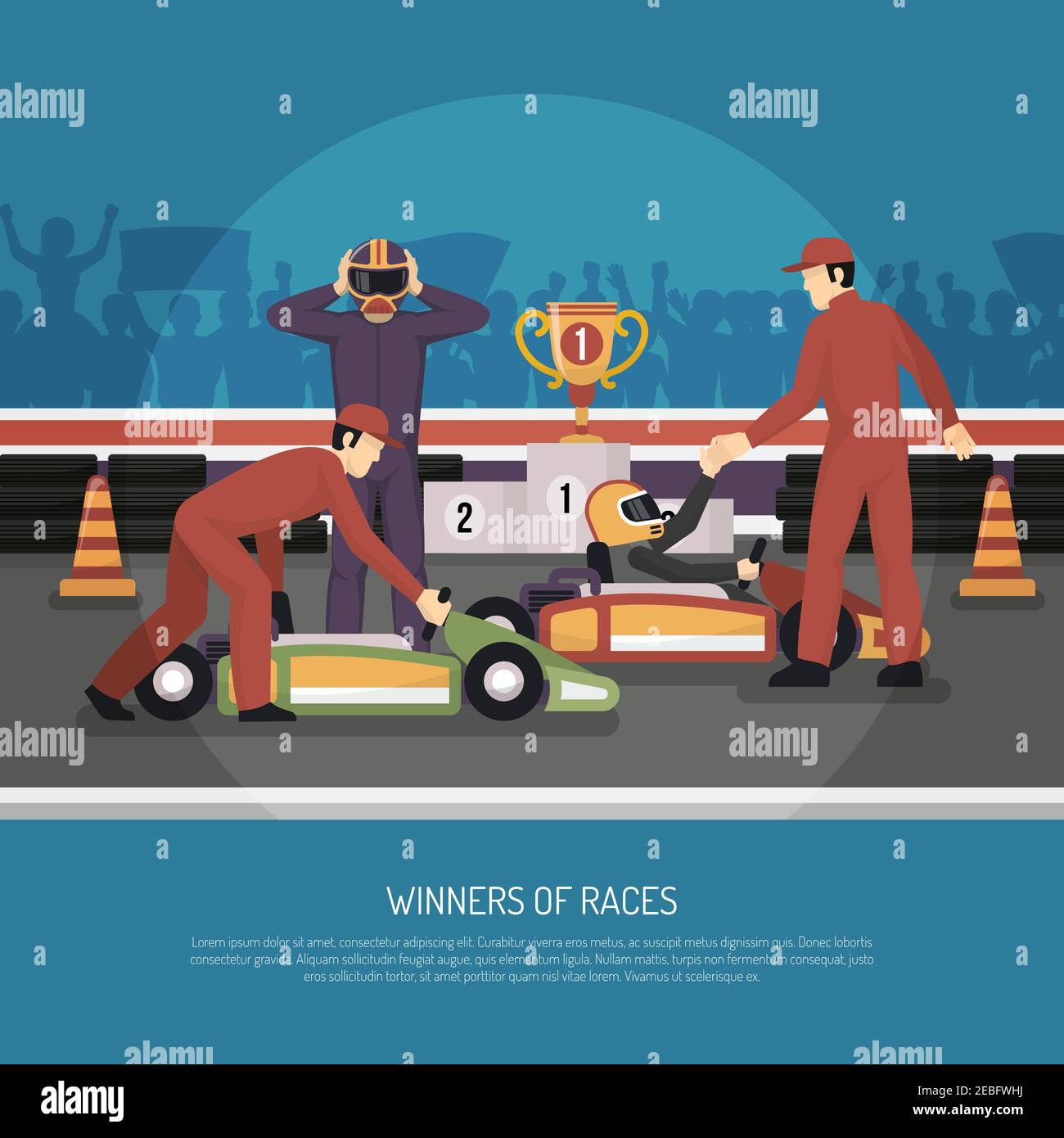 Karting motor race winner and another driver after tournament flat vector illustration Stock Vector