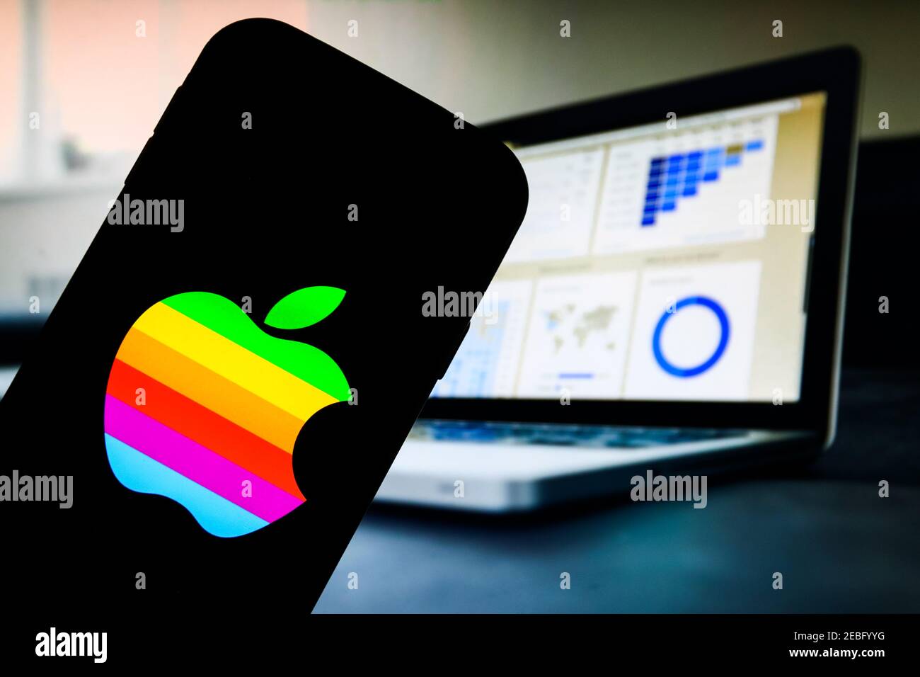 In this photo illustration an Apple technology company app logo seen displayed on a smartphone. Stock Photo