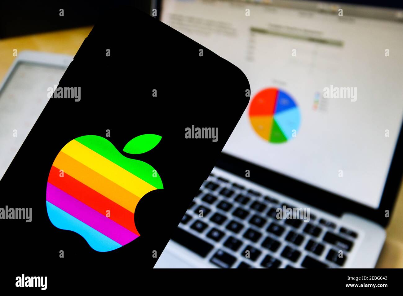In this photo illustration an Apple technology company app logo seen displayed on a smartphone. Stock Photo