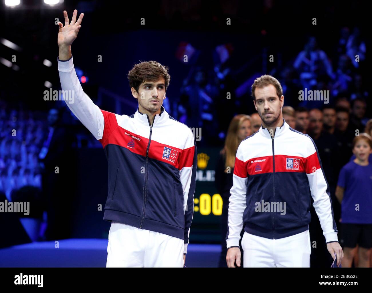 Tennis - Davis Cup Final - France vs Belgium - Stade Pierre Mauroy, Lille,  France - November 24, 2017 Pierre-Hugues Herbert of France waves during the  opening ceremony REUTERS/Pascal Rossignol Stock Photo - Alamy