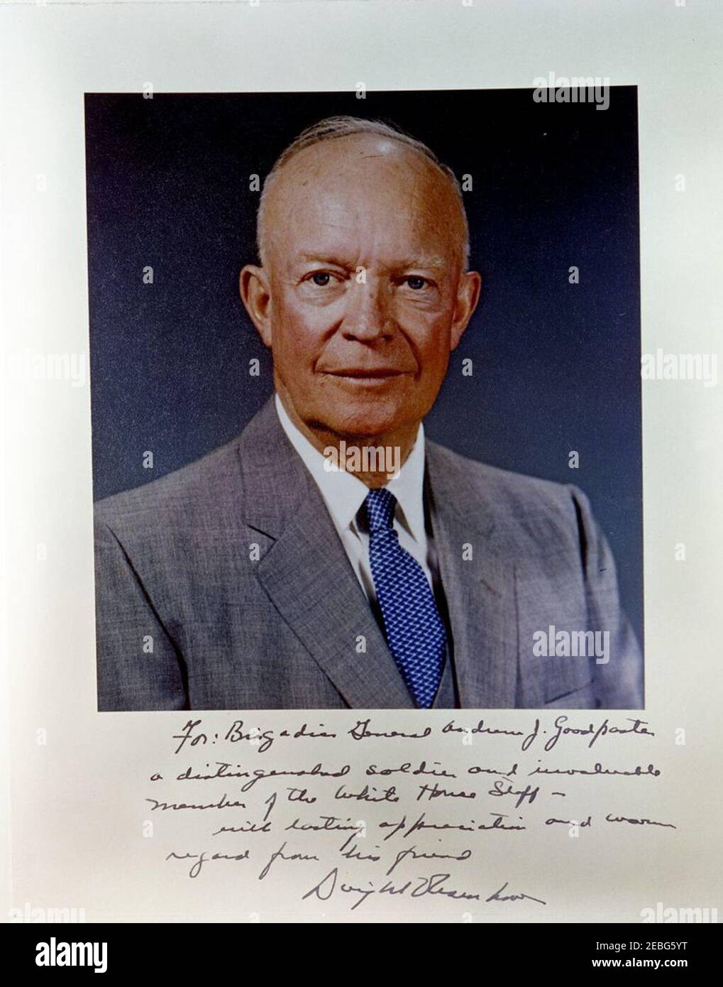 Portrait photo (copy) of President Dwight D. Eisenhower (DDE). Copy of portrait photo of President Dwight D. Eisenhower, autographed by Eisenhower. Inscription reads: u0022For: Brigadier General Andrew J. Goodpaster a distinguished soldier and invaluable member of the White House Staff u2013 with lasting appreciation and warm regard from his friend Dwight Eisenhower.u0022 [Photograph by Harold Sellers] Stock Photo