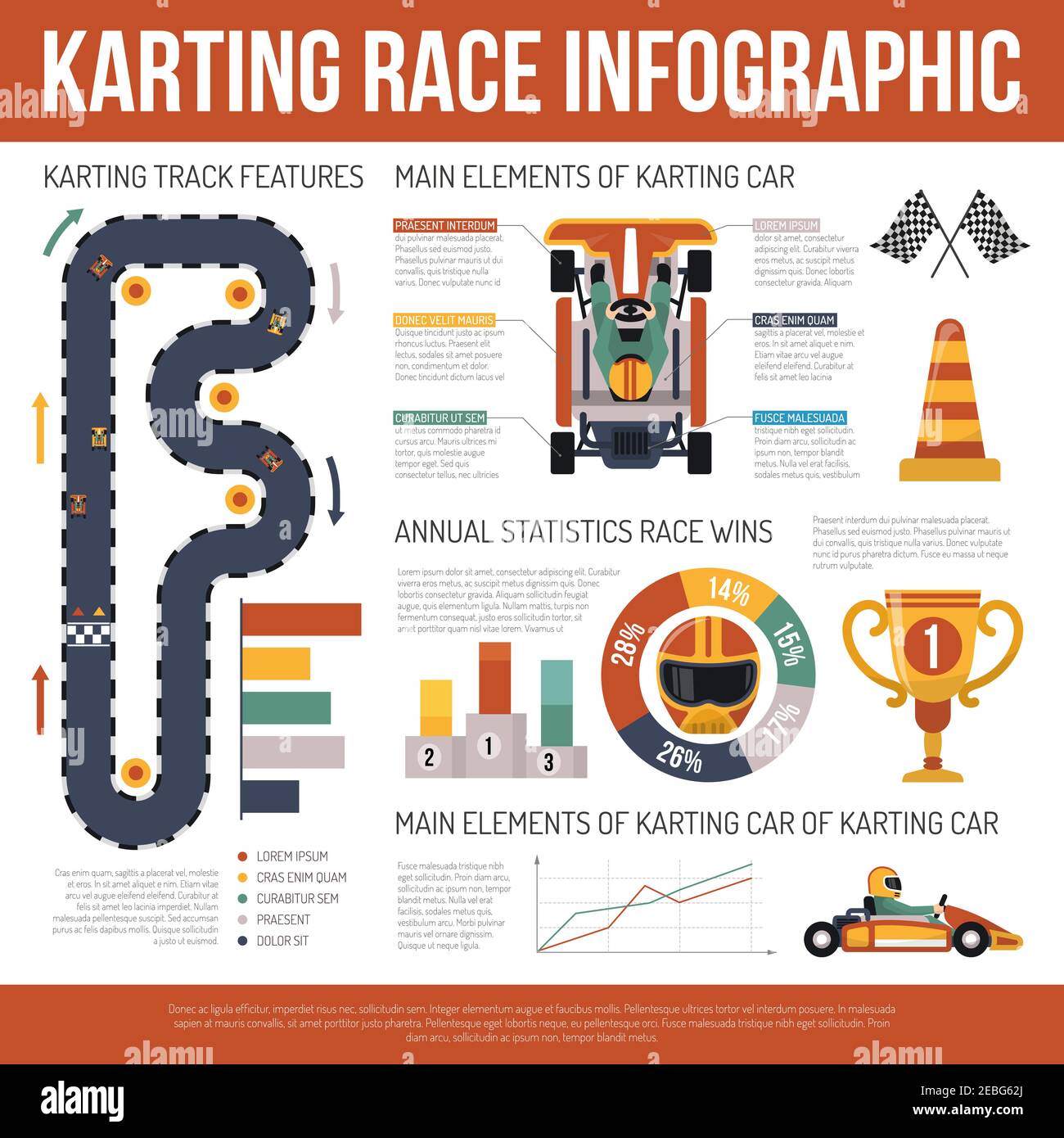 Flat karting motor race infographics presenting information about track