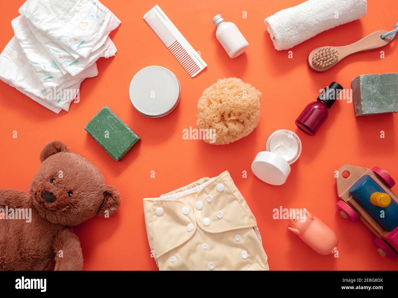 Baby diaper changing accesories flat lay. Newborn bath and shower