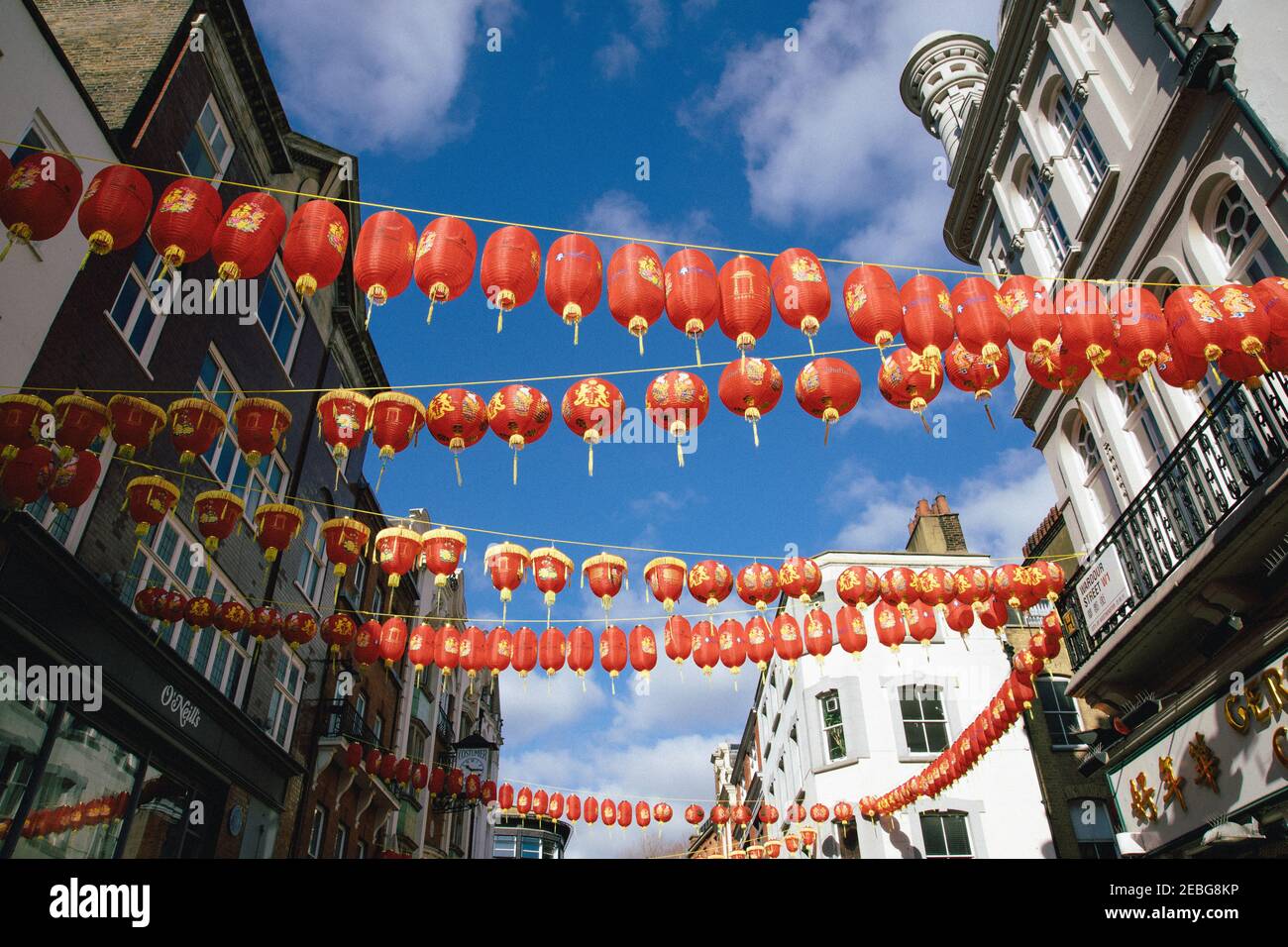 China Town, London, UK, 12th February 2021. Chinese New Year decorations. Chines New Year is a major event, although due to Covid 19 celebrations have been cancelled this year. Decorations were still put up in China Town, festooning the street. This year is the year of the Ox Stock Photo
