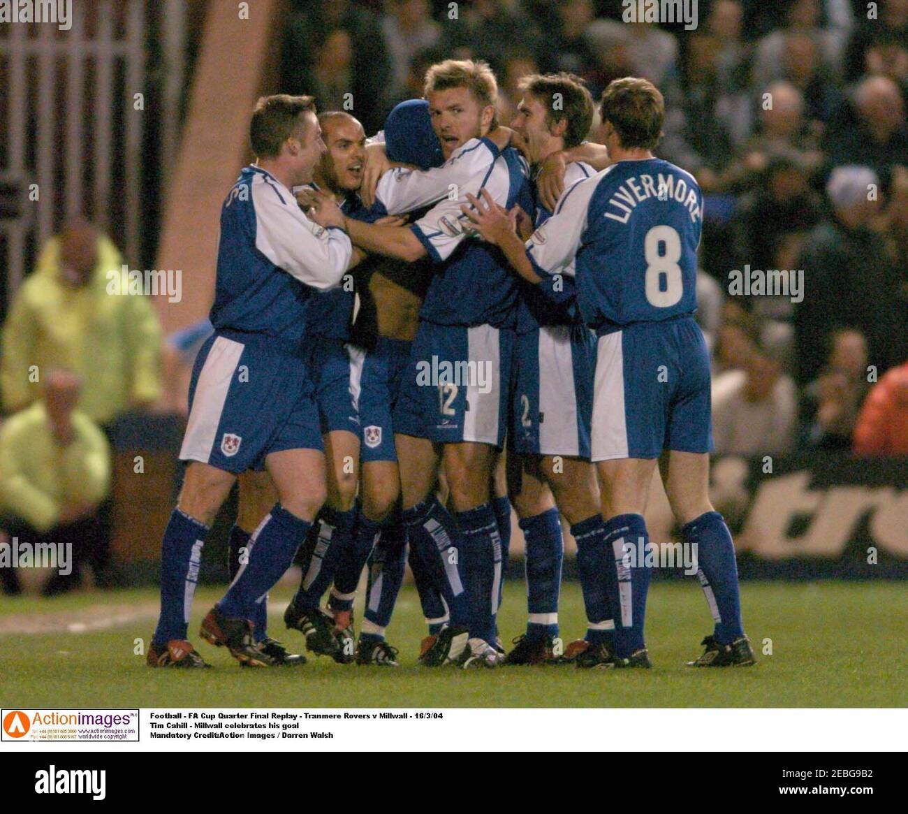 Football - FA Cup Quarter Final Replay - Tranmere Rovers v Millwall -  16/3/04 Tim Cahill - Millwall celebrates his goal Mandatory Credit:Action  Images / Darren Walsh Stock Photo - Alamy