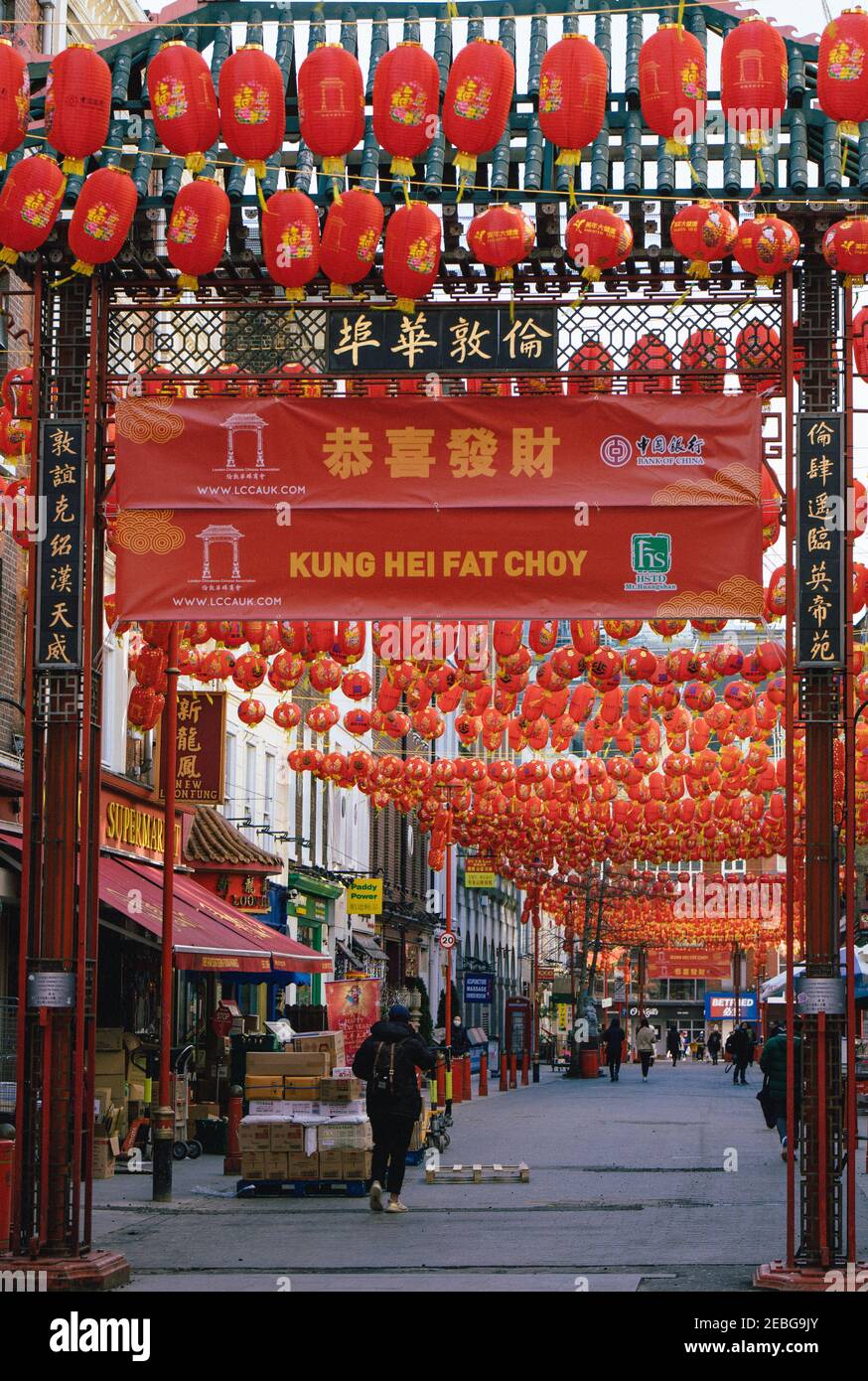 China Town, London, UK, 12th February 2021. Chinese New Year decorations. Chines New Year is a major event, although due to Covid 19 celebrations have been cancelled this year. Decorations were still put up in China Town. This year is the year of the Ox Stock Photo