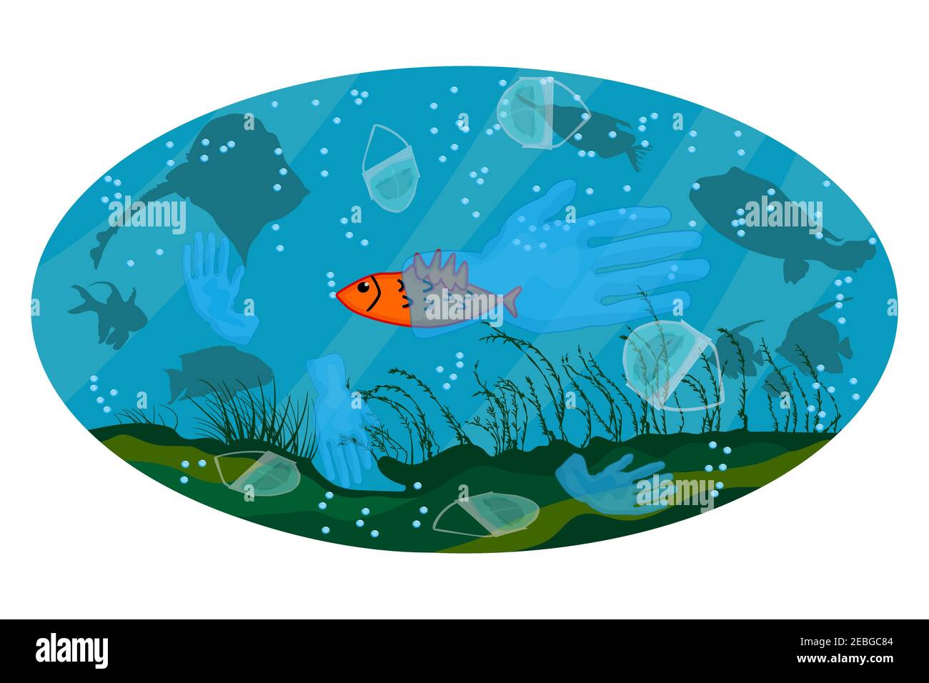 Face masks and latex gloves in water. Fish swims in sea with garbage. Coronavirus plastic waste concept.Underwater trash.World environment day.Vector Stock Vector