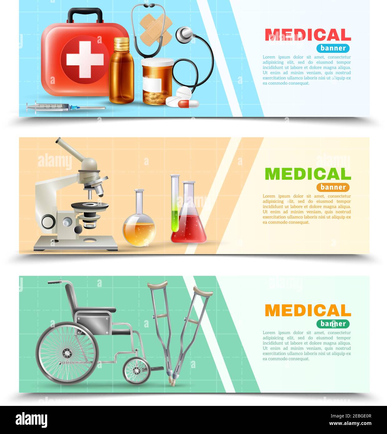 Healthcare online 3 medical horizontal banners set with lab electronic microscope wheelchair and crutches isolated  background vector illustration Stock Vector