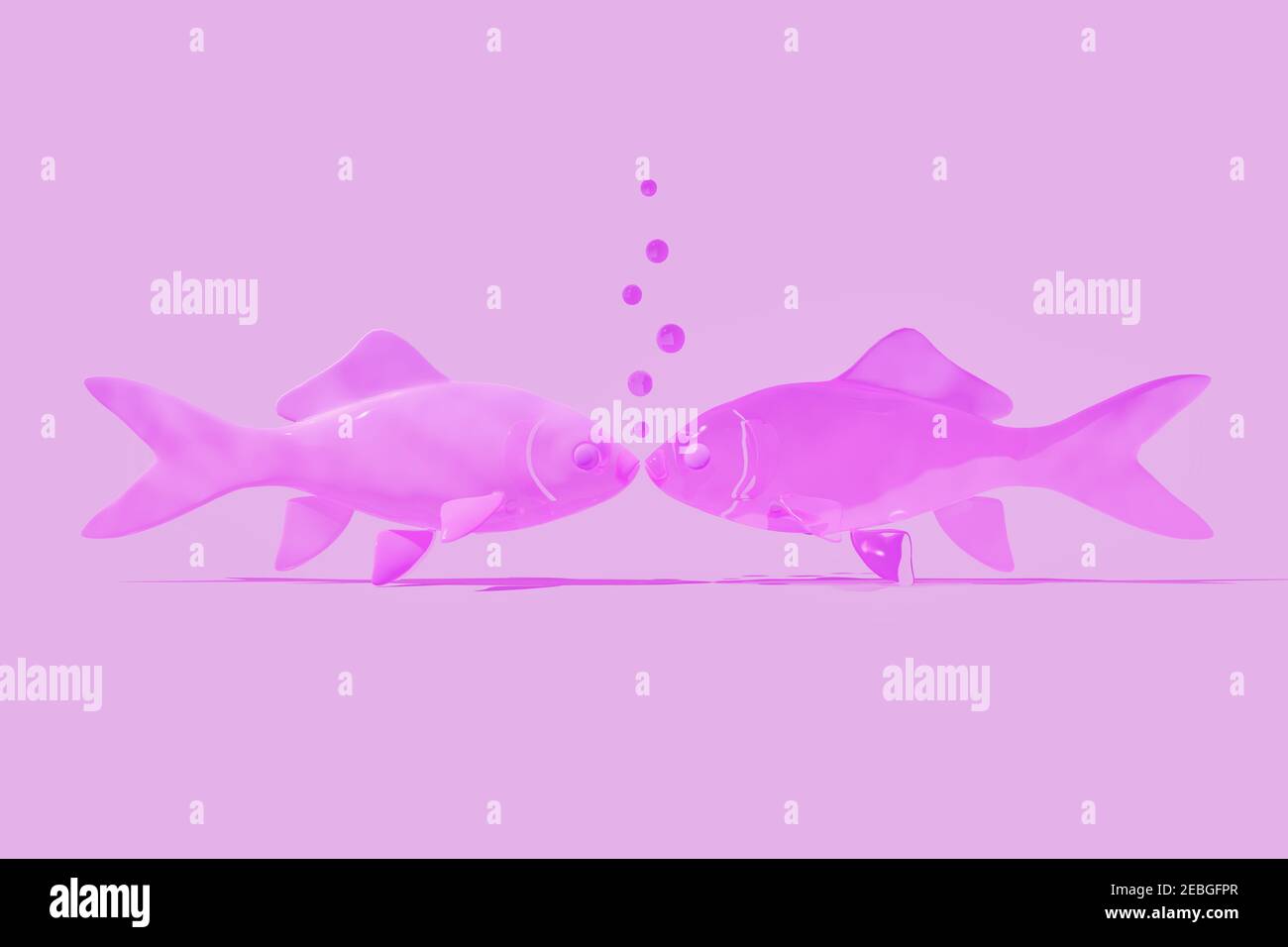 3d rendering illustration of a two pink fish in love producing blue ...