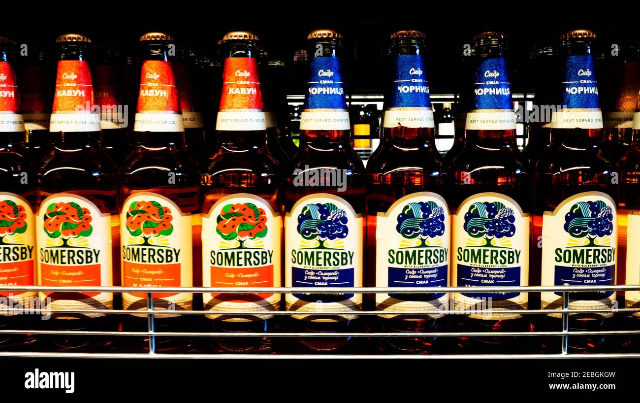 Somersby cider bottles on the store shelf. Somersby cider is a brand by