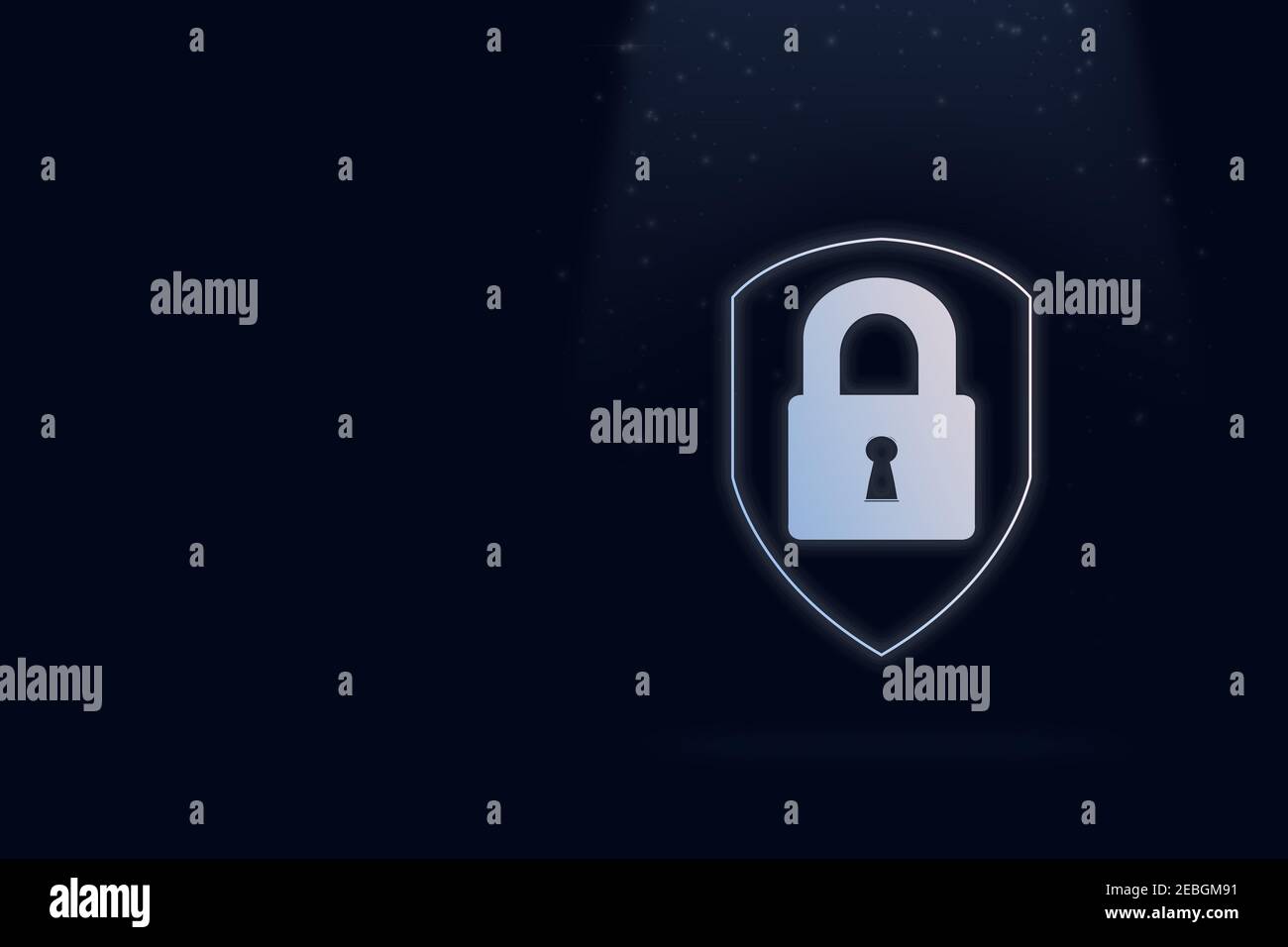 Virtual padlock hologram on dark blue background. Concept of network security Cyber security network. Padlock icon and internet technology networking. Stock Photo