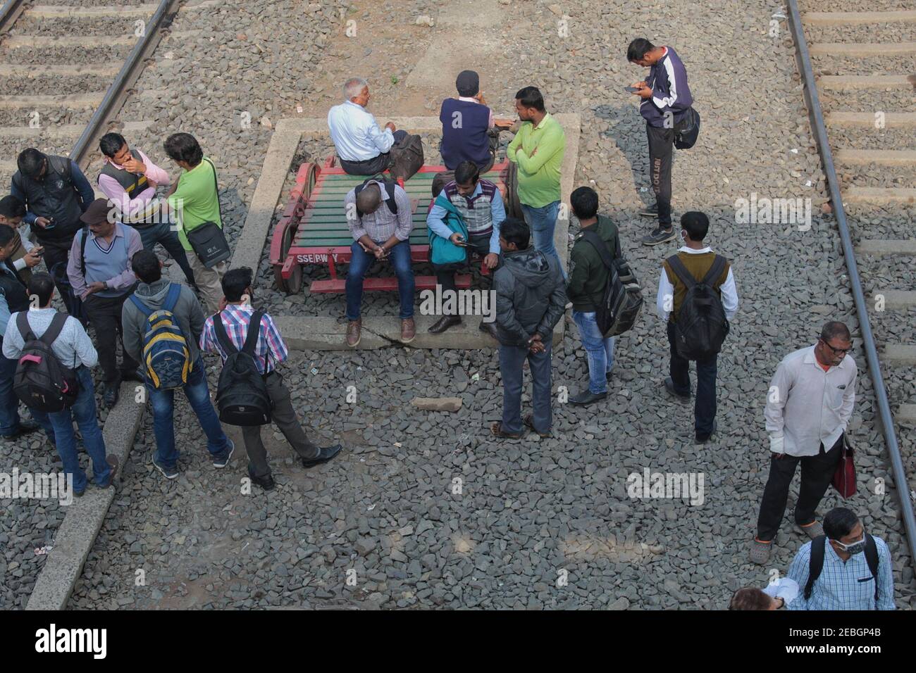 Magra, India. 12th Feb, 2021. Today, for a 12-hour strike, CPIM supporters blocked the train at Pandua station for 3 to 4 hours. (Photo by Soumadip Das/Pacific Press) Credit: Pacific Press Media Production Corp./Alamy Live News Stock Photo