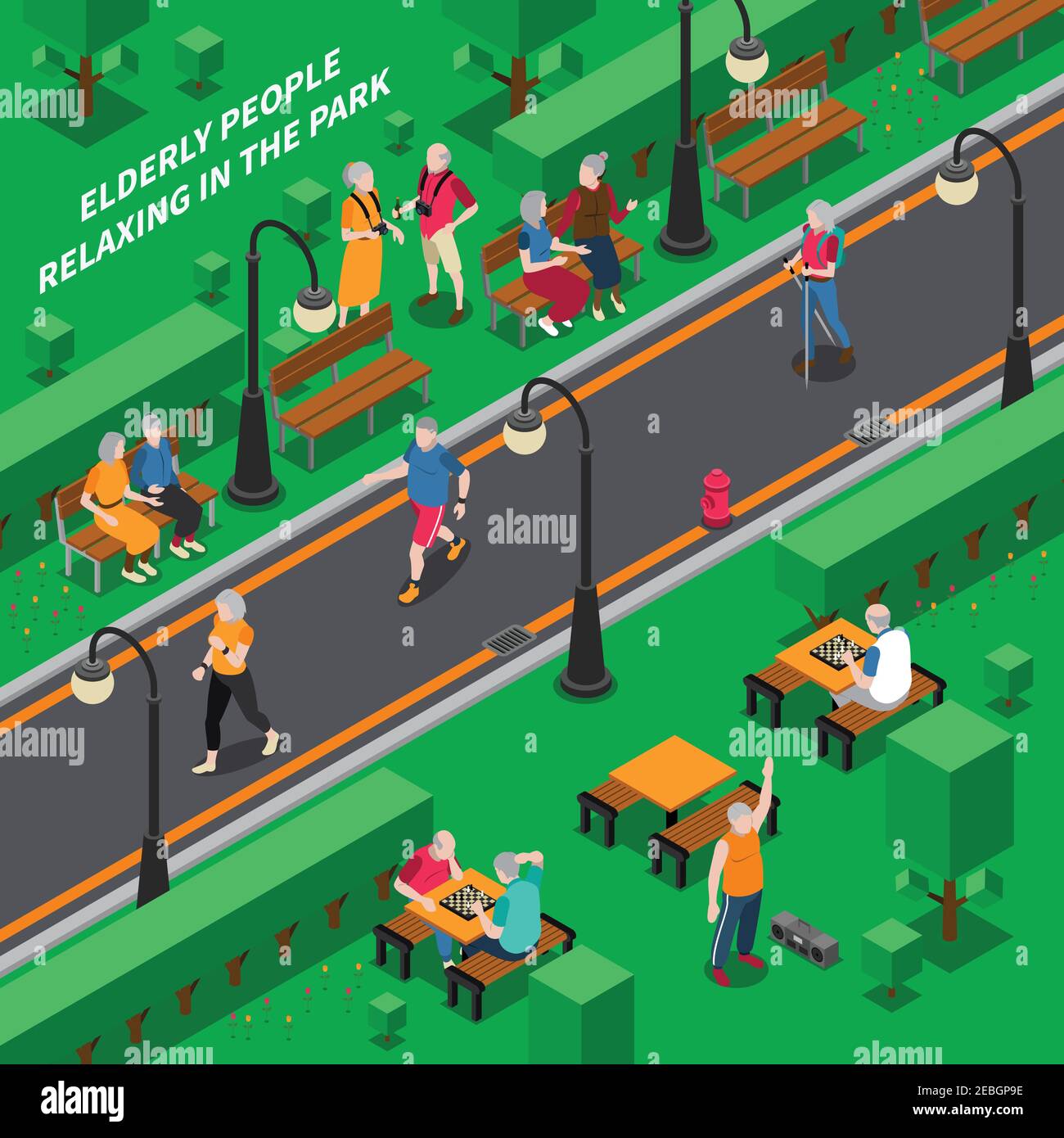 Elderly people relaxing in green park isometric composition vector ...