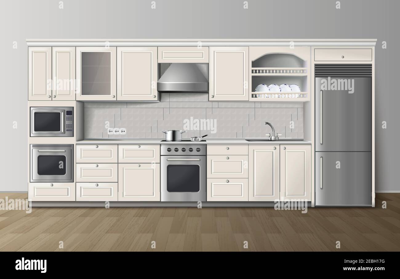 https://c8.alamy.com/comp/2EBH17G/modern-luxury-kitchen-white-cabinets-with-built-in-cooker-and-refrigerator-realistic-side-view-image-vector-illustration-2EBH17G.jpg