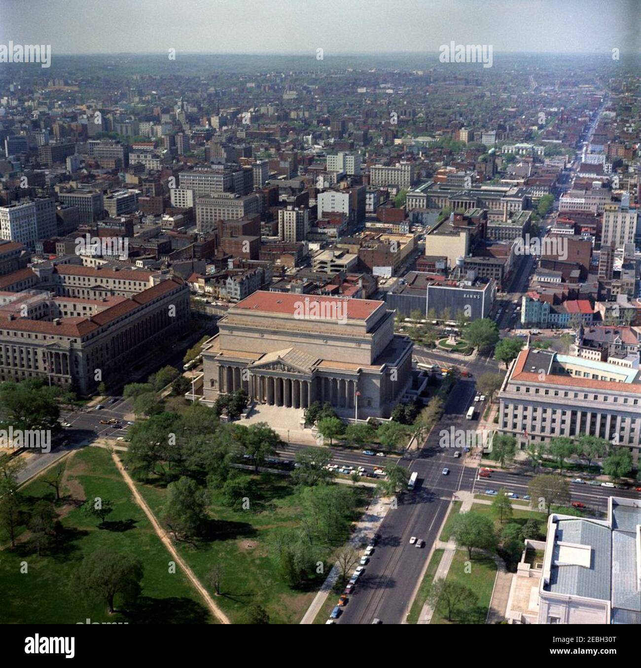 Aerial views of Washington, D.C.. Aerial view of Washington, D.C., with the National Archives Building in center and the Department of Justice building at left (on edge of frame). Stock Photo