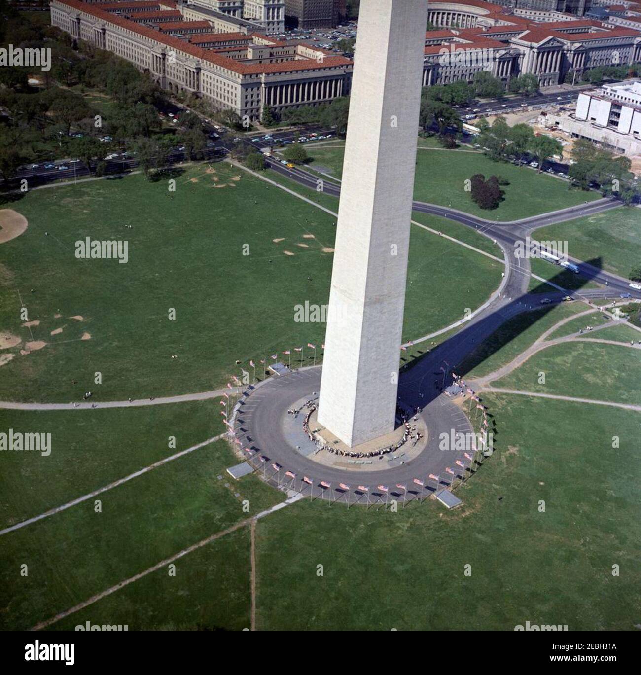Aerial views of Washington, D.C.. Aerial view of the Washington Monument on the National Mall in Washington, D.C. Visible in the background are the Federal Triangle (top of image) and the Museum of History and Technology (at right, under construction). Stock Photo