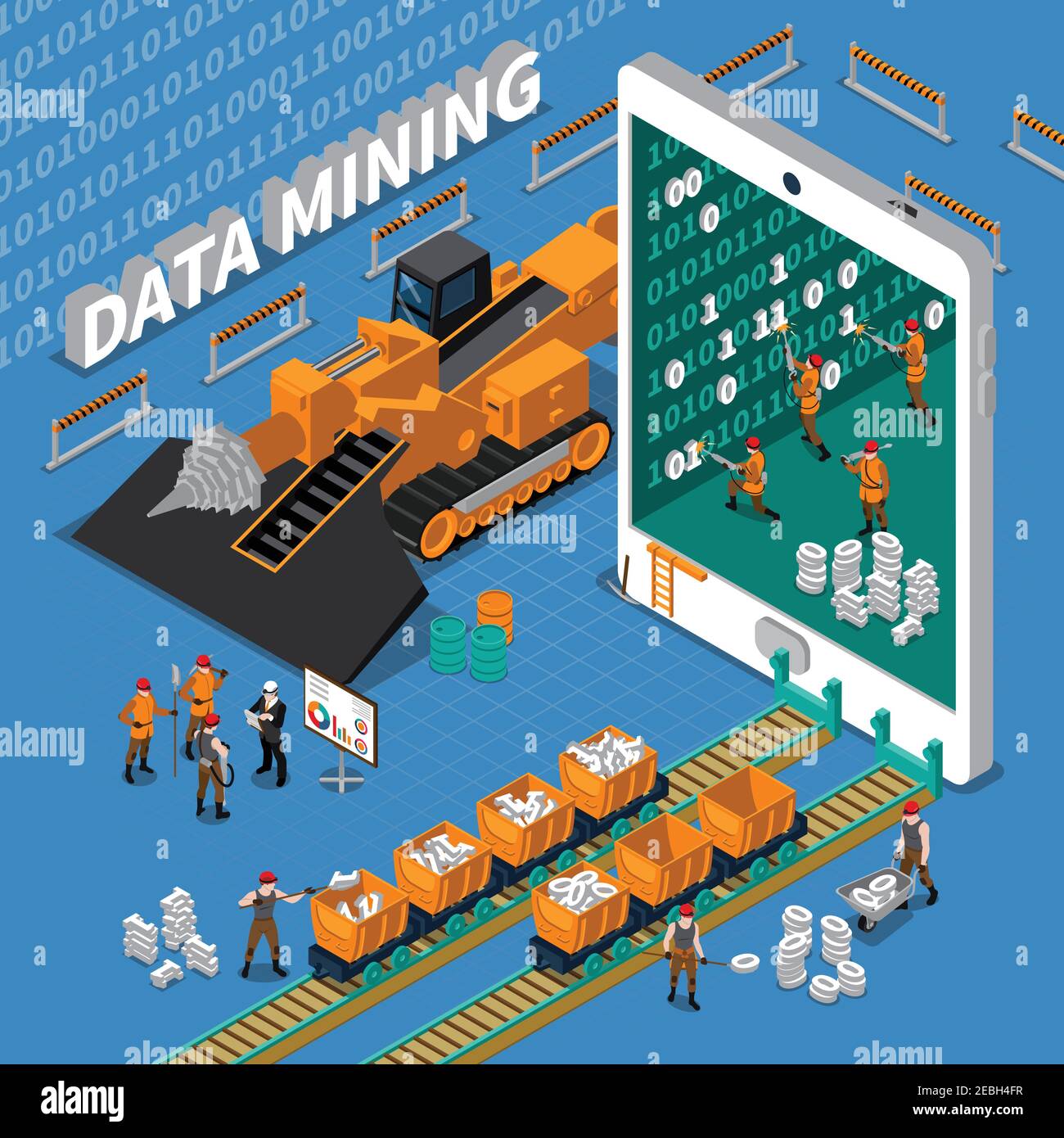 Data mining abstract isometric concept with tablet image and miner workers on blue background vector illustration Stock Vector