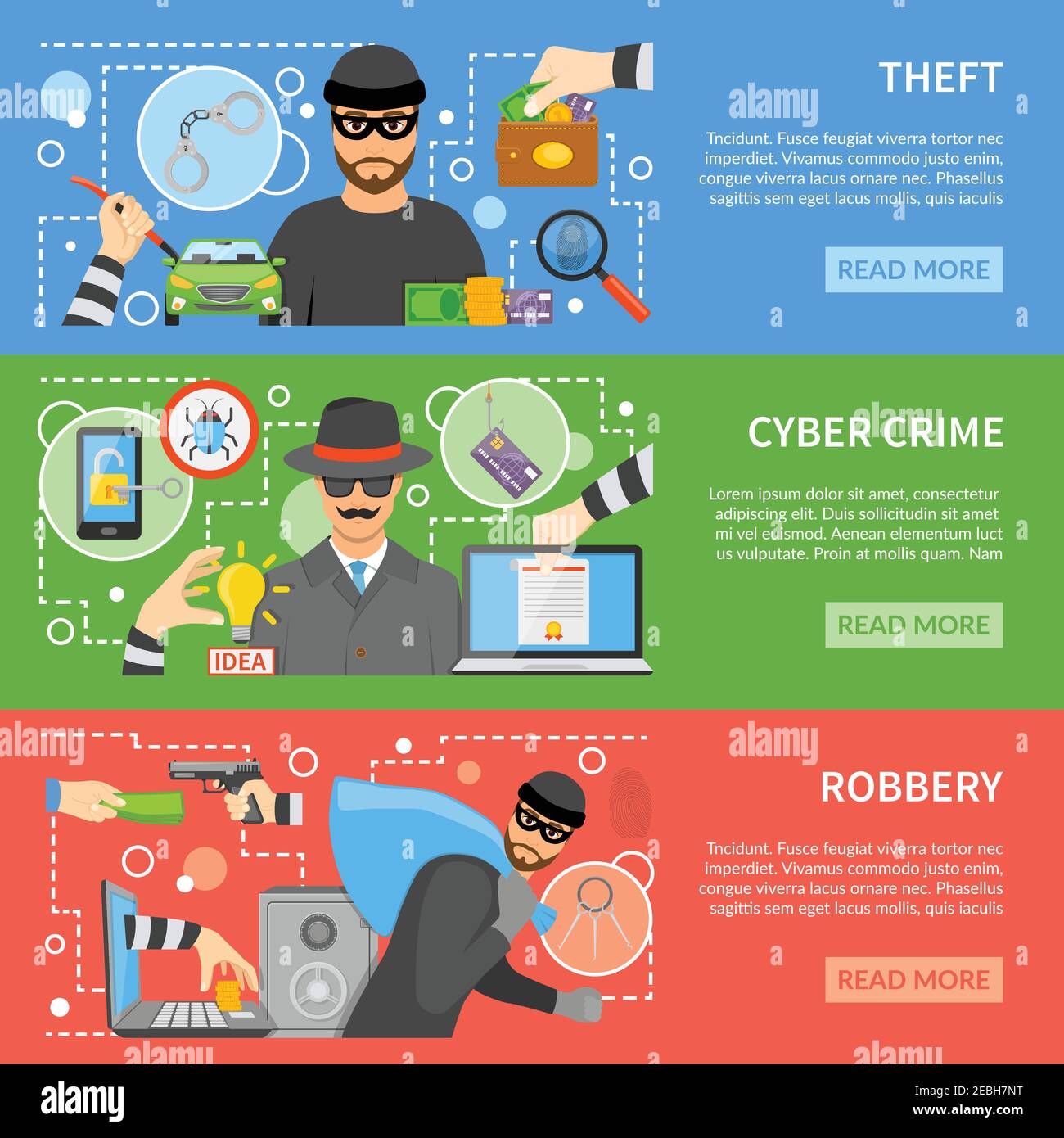 Theft flat horizontal banners with different types of stealing and threats for property money