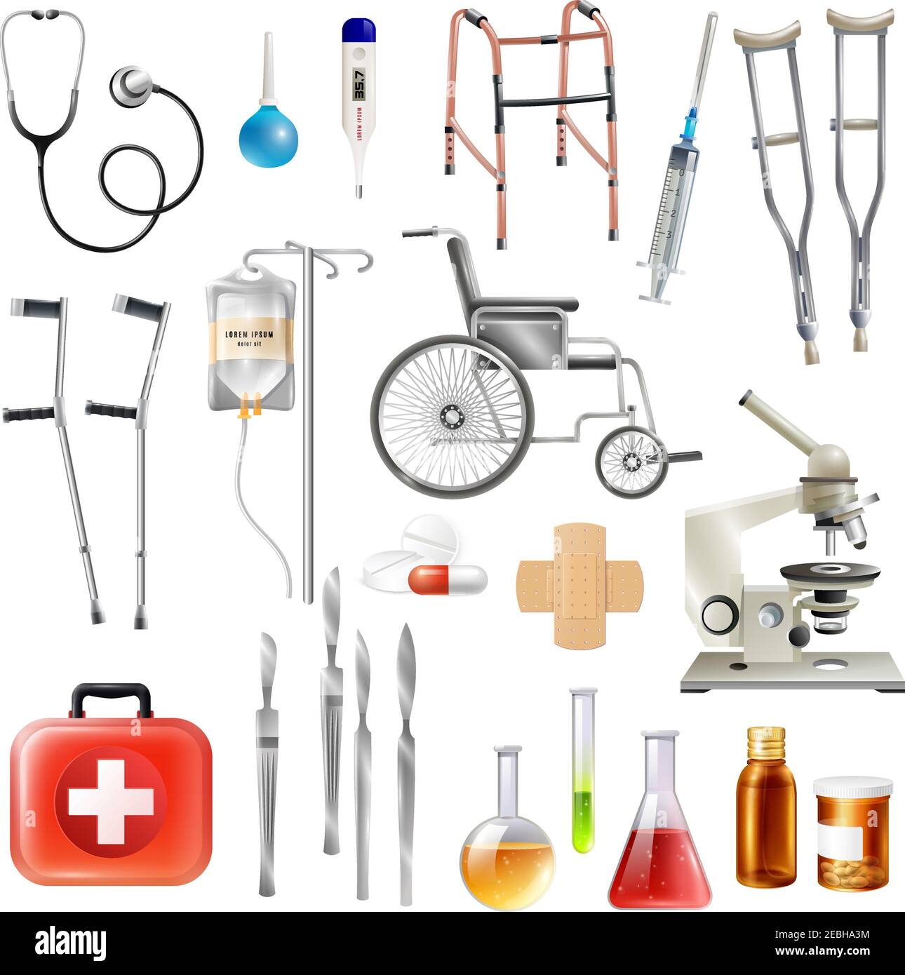 Healthcare medical accessories and equipment flat icons collection with walking aids crutches and scalpel isolated vector illustration Stock Vector