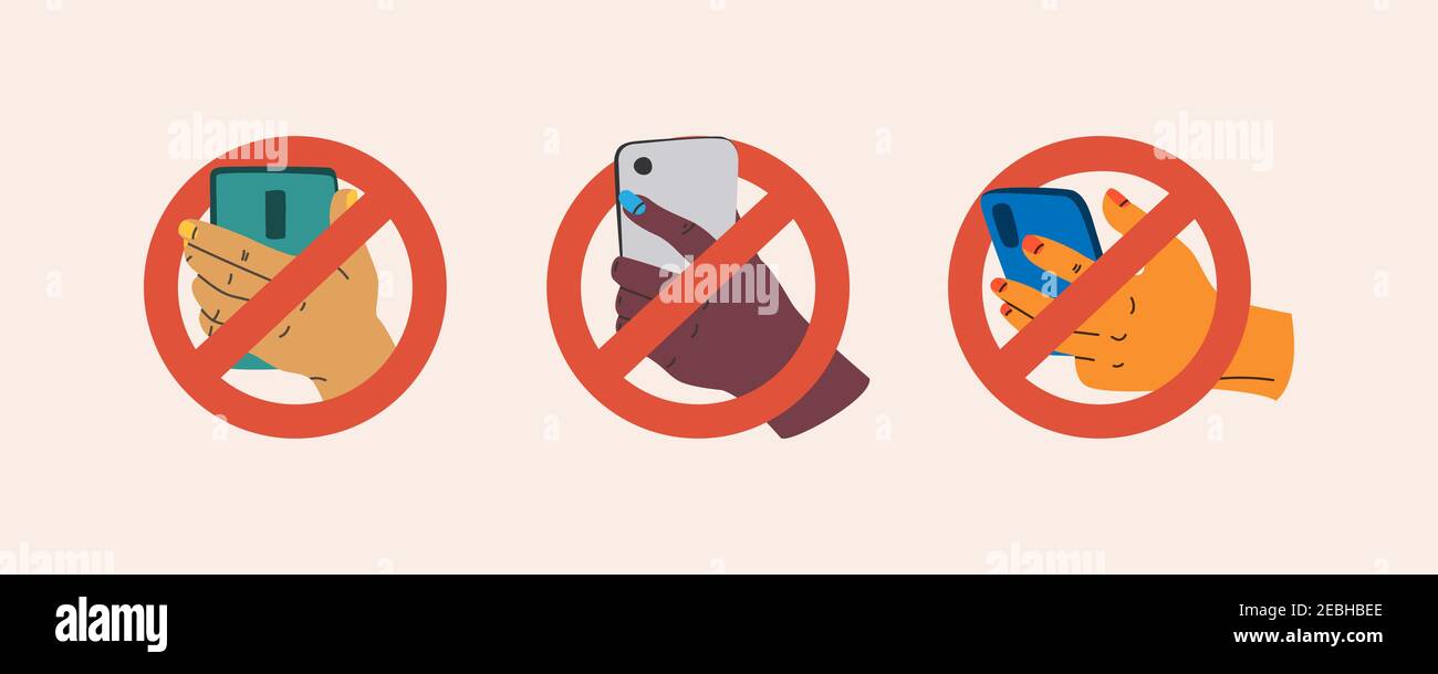 Prohibition to use a mobile phone. Hand holding a smartphone in a crossed out circle. No phone. Digital detox. Stock Vector