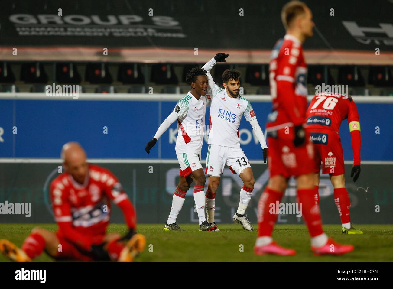 OHL's Kamal Sowah celebrates after scoring during a soccer match between OH Leuven and KV Kortrijk, Friday 12 February 2021 in Oud-Heverlee, on day 26 Stock Photo