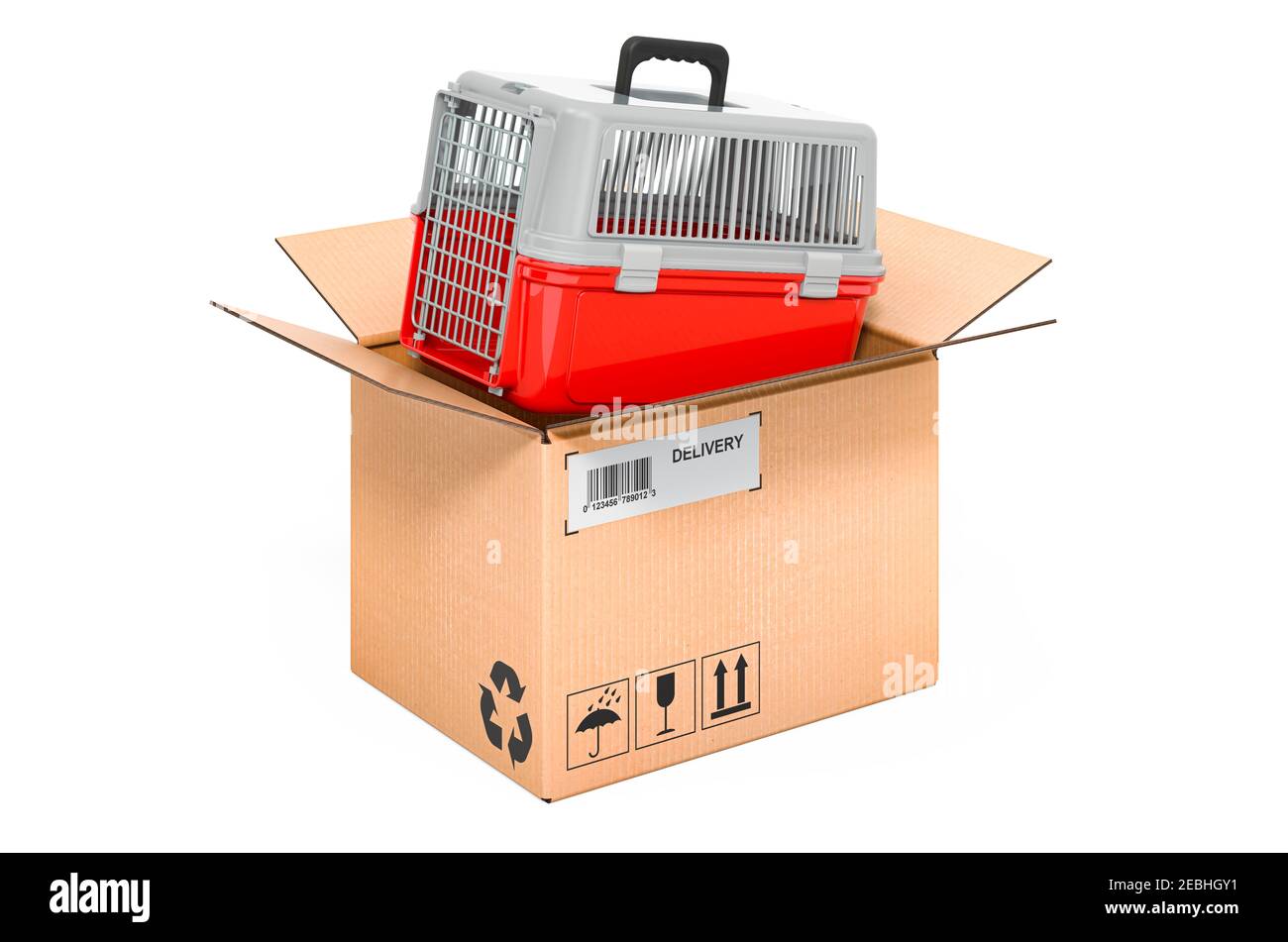 Pet carrier inside cardboard box, delivery concept. 3D rendering