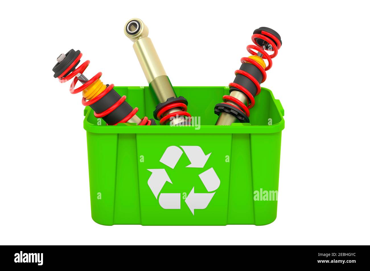 Recycling trashcan with shock absorbers, 3D rendering isolated on white
