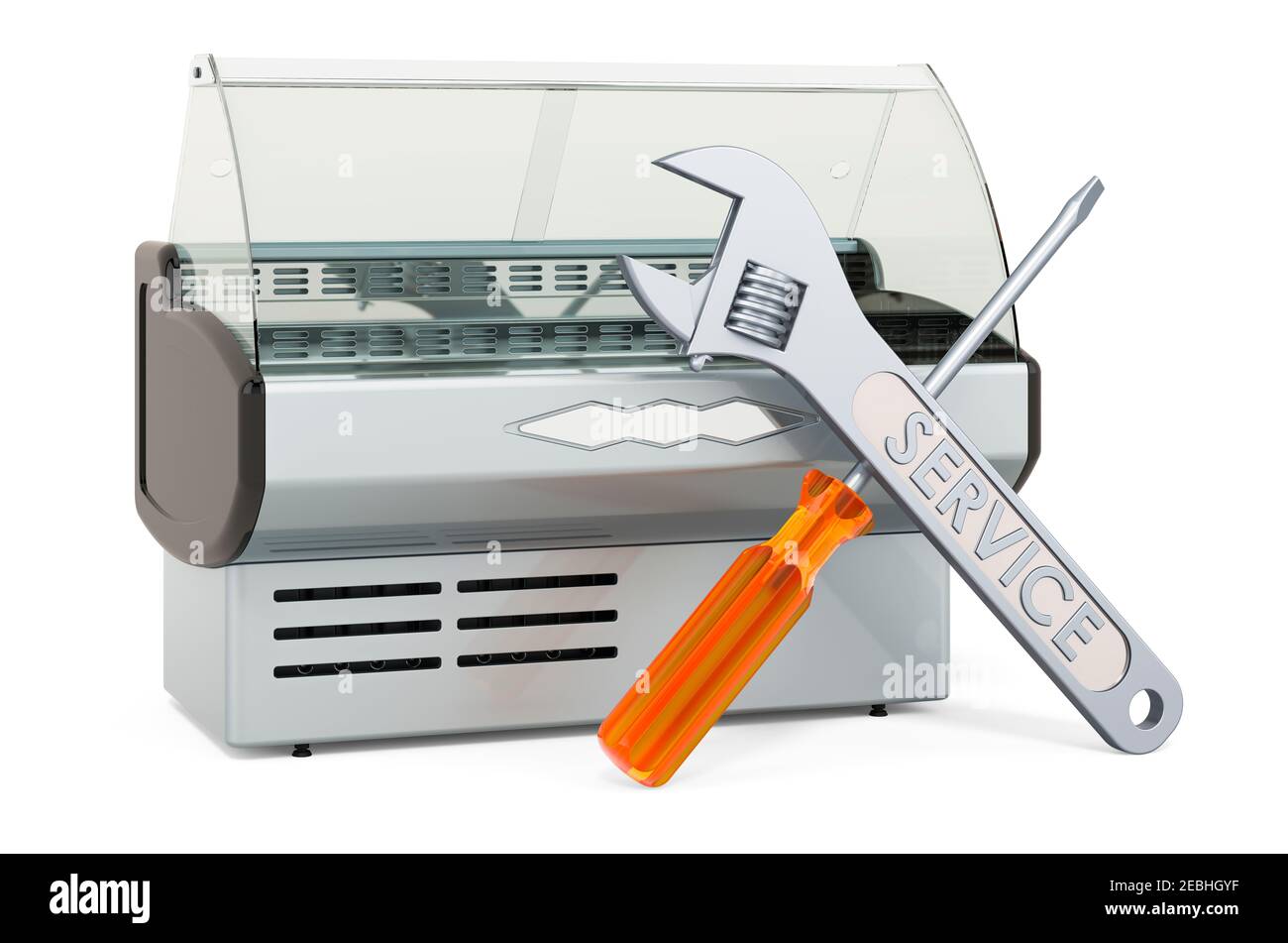 Service and repair of refrigerated display case, 3D rendering isolated