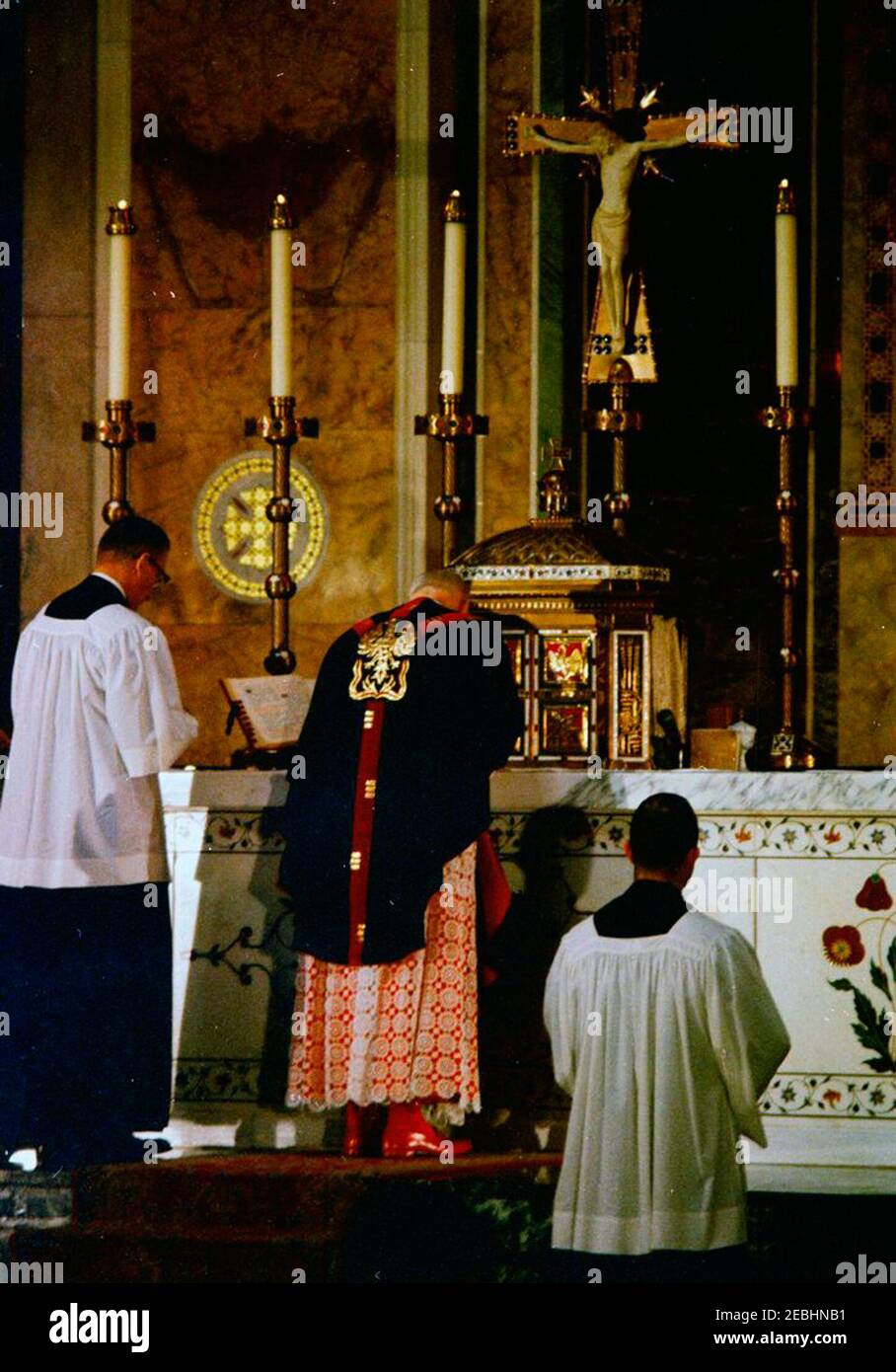 State Funeral of President Kennedy: Requiem Mass at St. Matthewu2019s Cathedral and burial at Arlington National Cemetery. Archbishop of Boston, Massachusetts, Richard Cardinal Cushing (center), presides over the requiem mass in the state funeral of President John F. Kennedy. Cathedral of St. Matthew the Apostle, Washington, D.C. Stock Photo