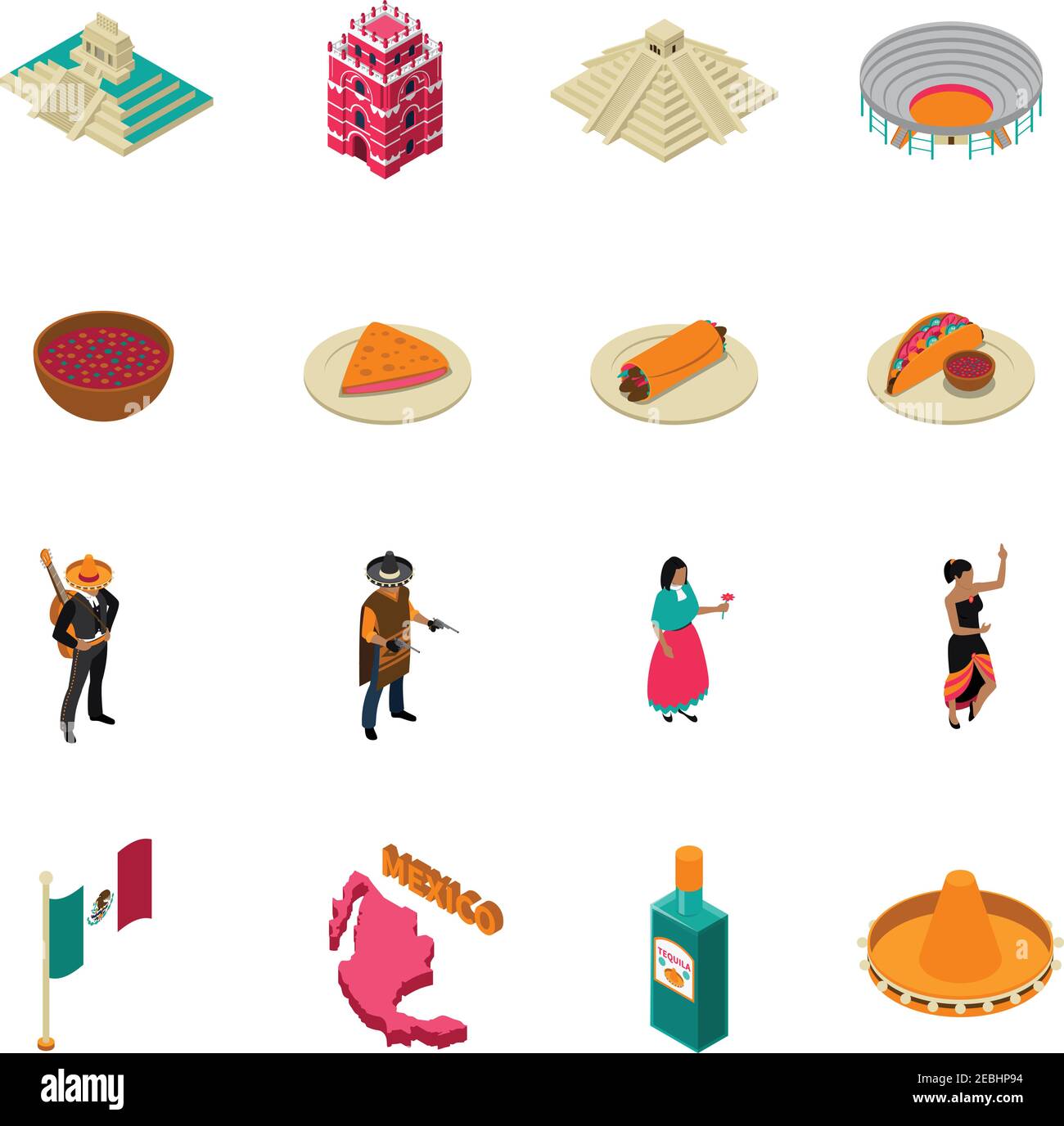 Mexico touristic attractions isometric icons collection with famous chichen itza temple landmark and tacos isolated vector illustration Stock Vector