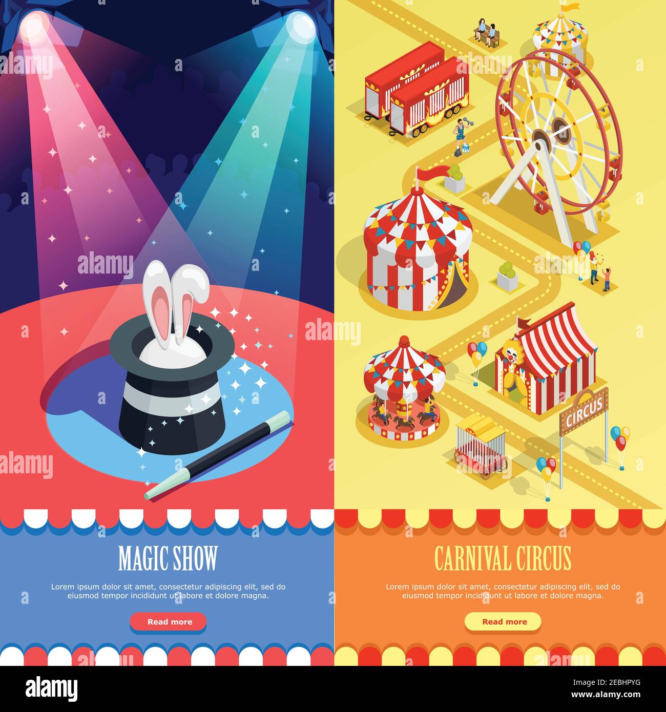 Circus magic show and carnival fairground 2 isometric vertical banners ...