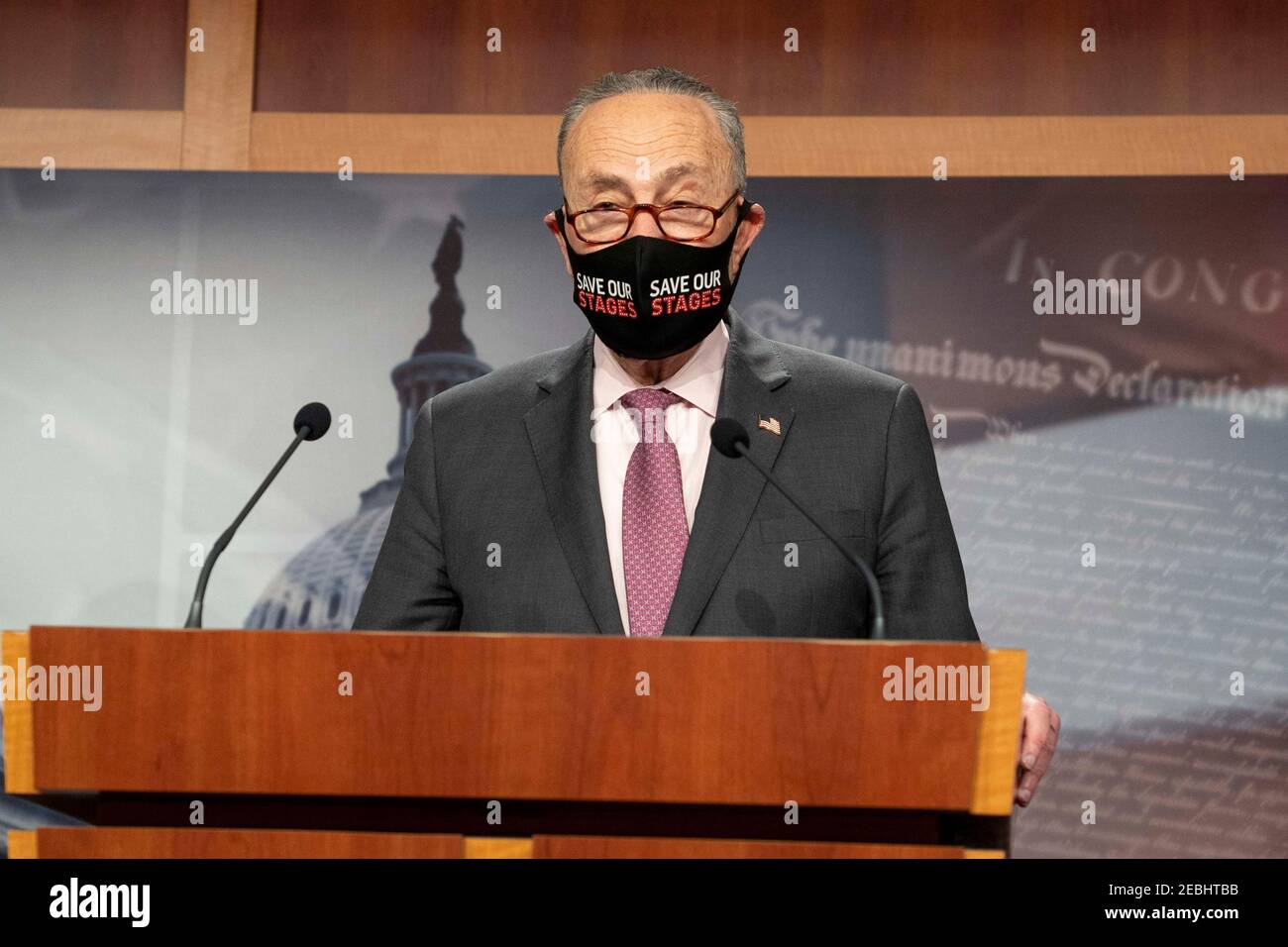 U.S. Senate Majority Leader Chuck Schumer of New York, during a press conference to outline the Democrats COVID relief program at the U.S. Capitol February 11, 2021 in Washington, D.C. Stock Photo