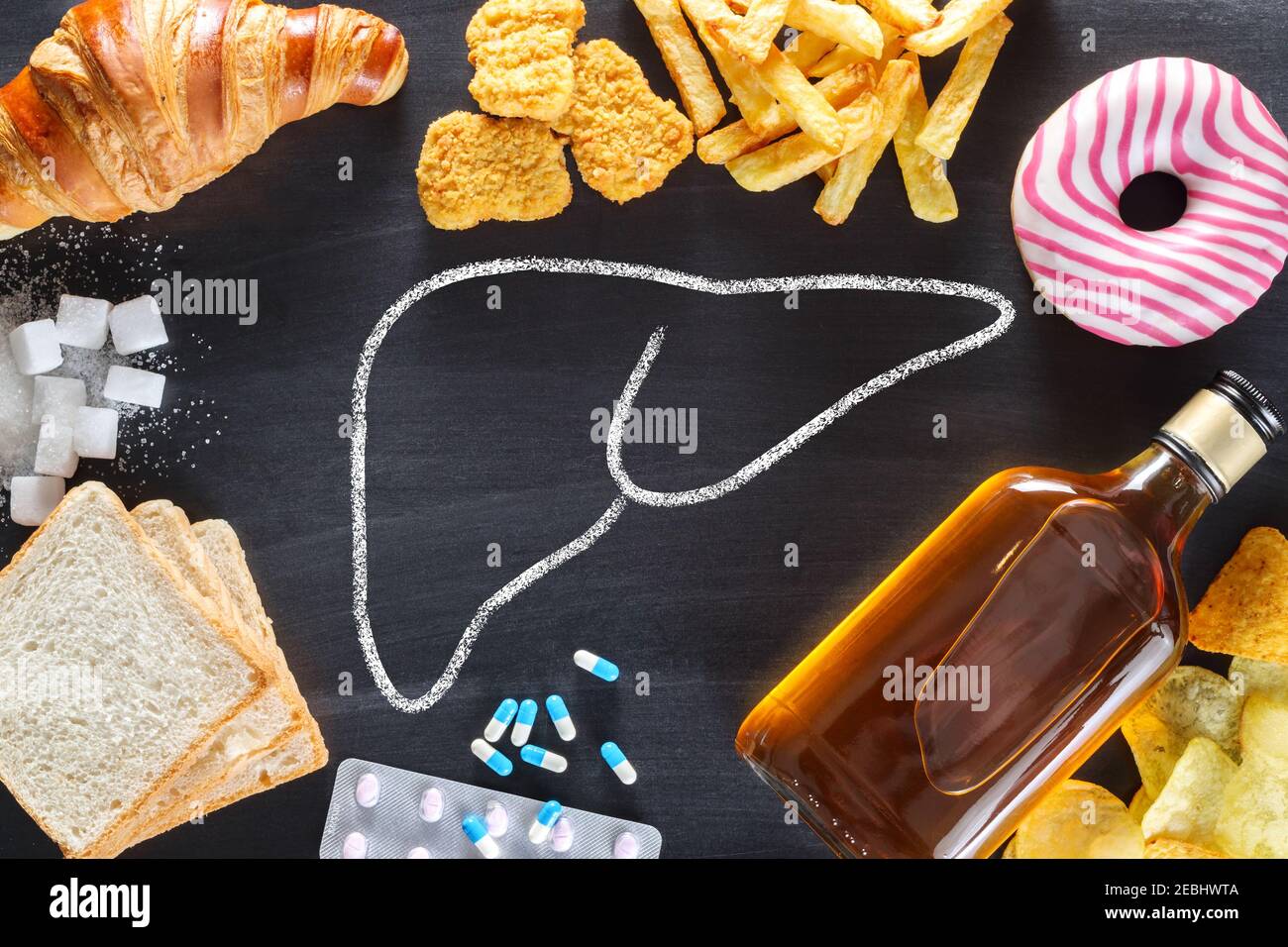 Unhealthy lifestyle - risk of liver damage. Top view Stock Photo