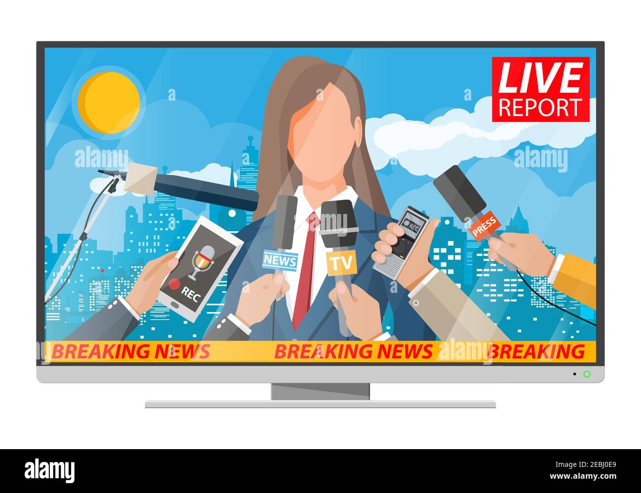 Woman public speaker. Live report. Hands of journalists with