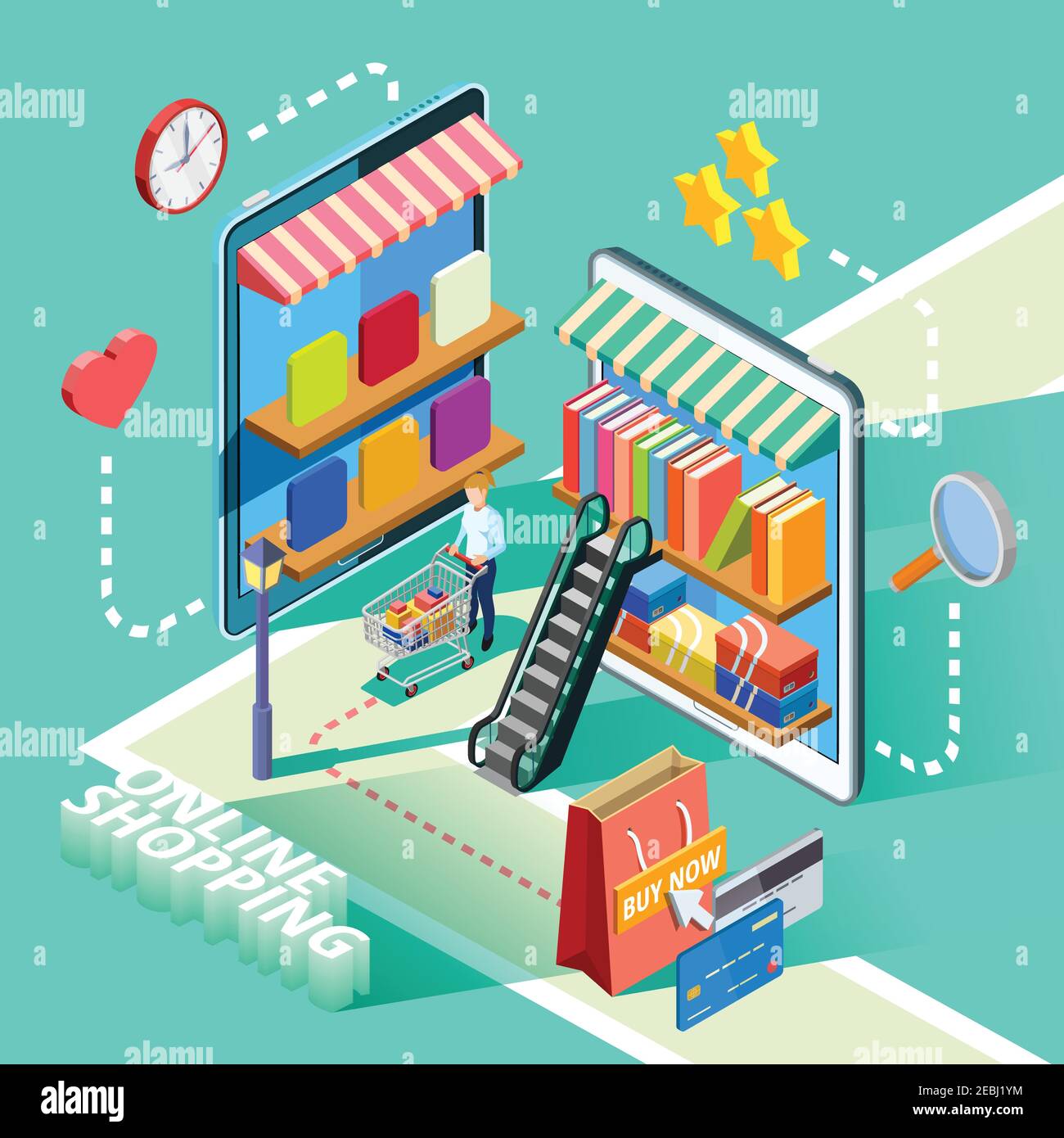 Online shopping for shoes clothing books and food isometric