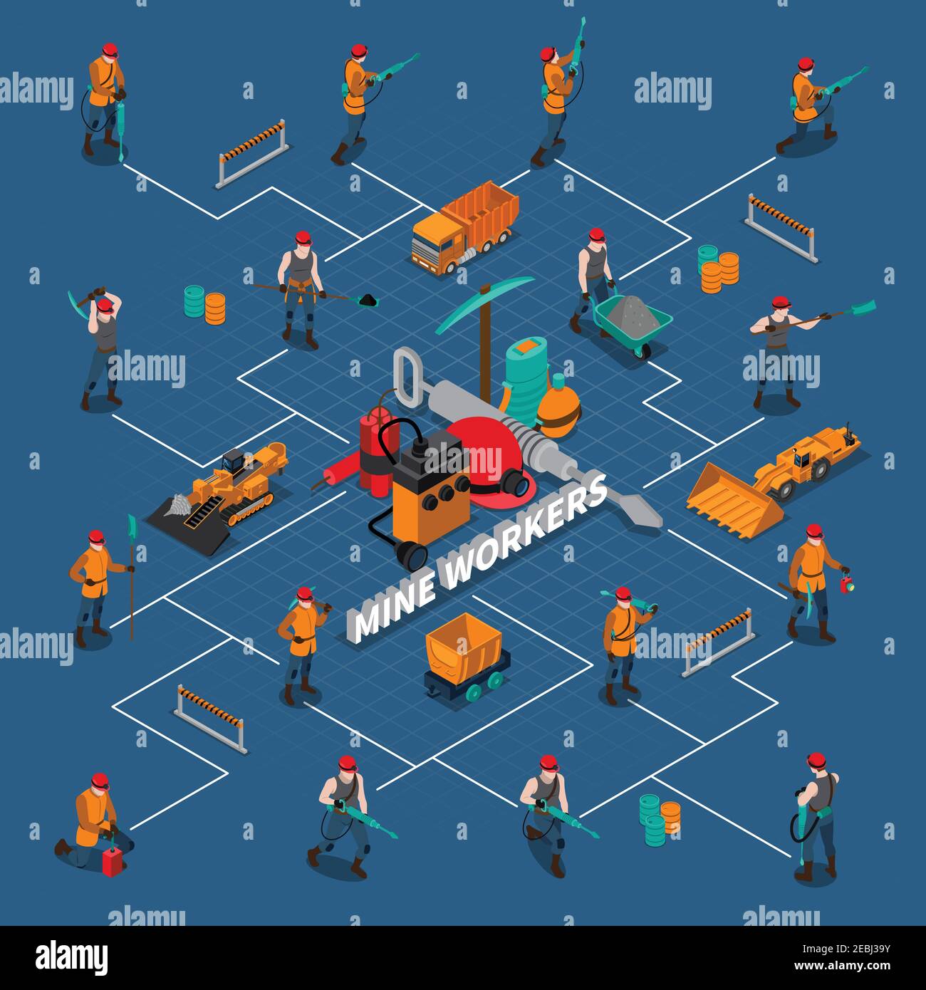 Isometric flowchart with miner people mining inventory and machinery on ...