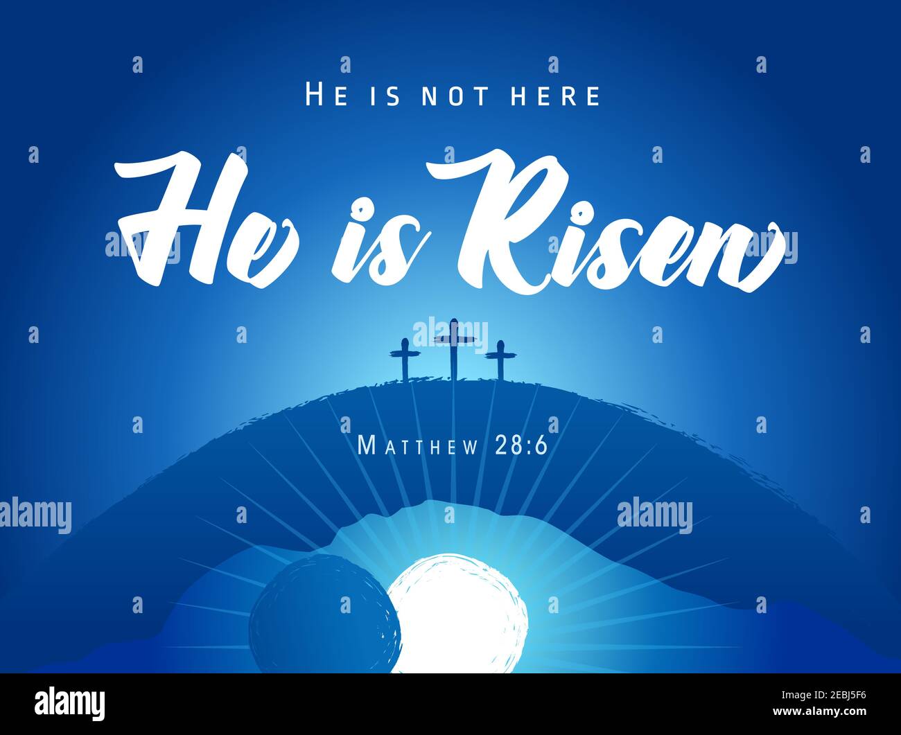 He is not here - Hi is risen, holy week banner. Vector invitation to an Easter Sunday service with text and stone rolled away from the tomb on Calvary Stock Vector