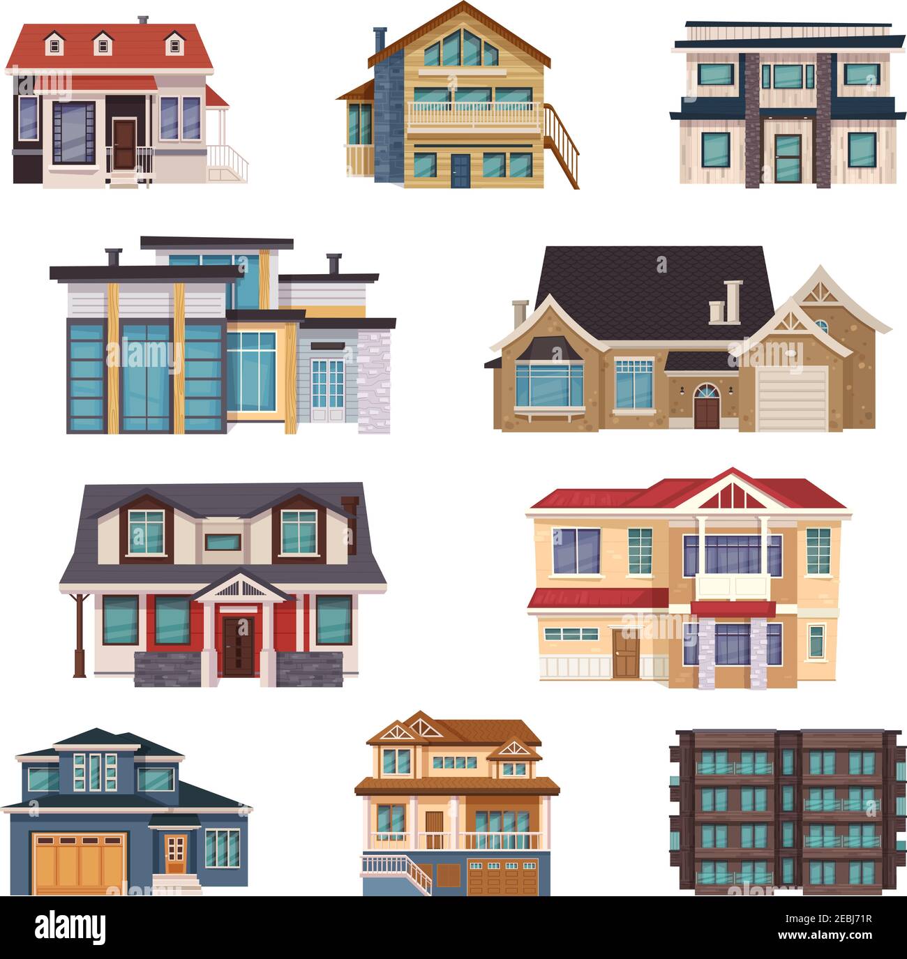 Suburban houses collection of different construction and architecture in flat style isolated vector illustration Stock Vector