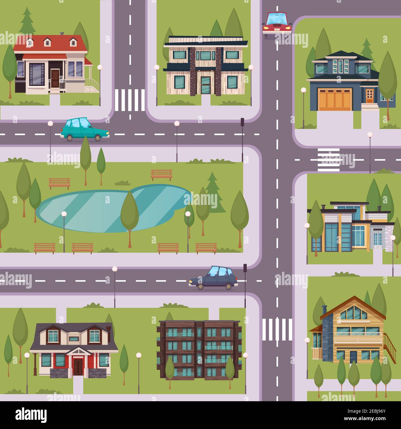 Countryside flat template with suburban residential houses cottages estates trees grass lake road cars vector illustration Stock Vector
