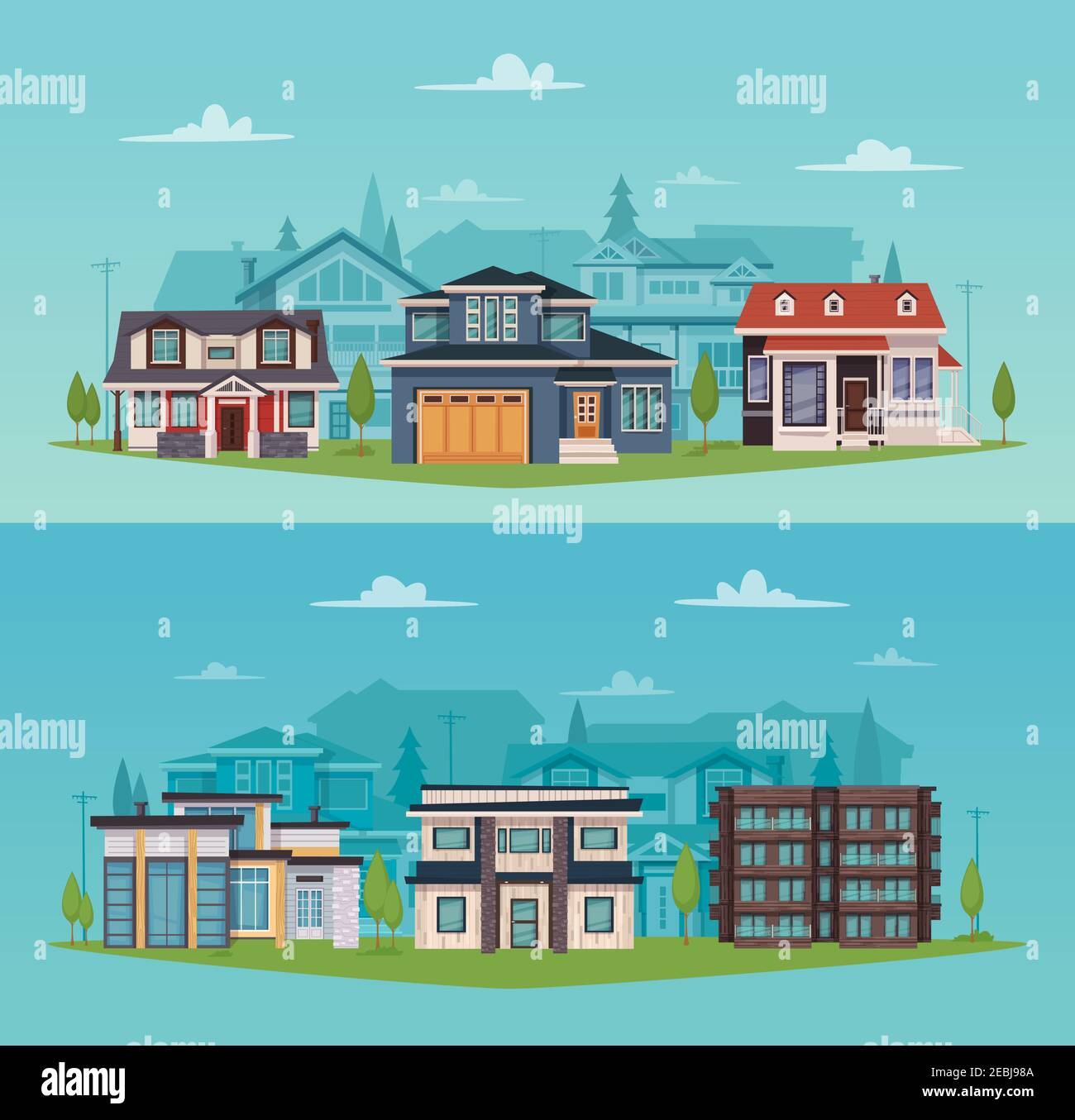 Colorful countryside horizontal banners with suburban houses and cottages in flat style vector illustration Stock Vector