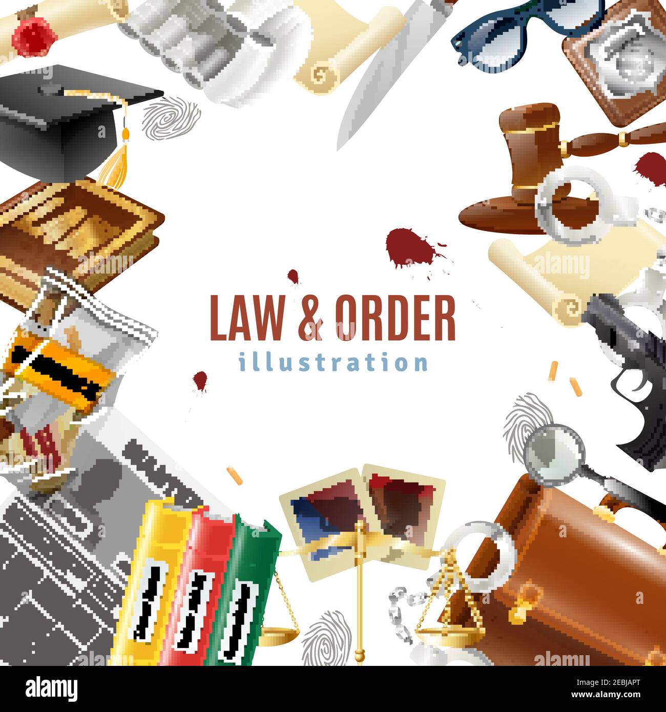 Law and order judicial system symbols frame composition poster with