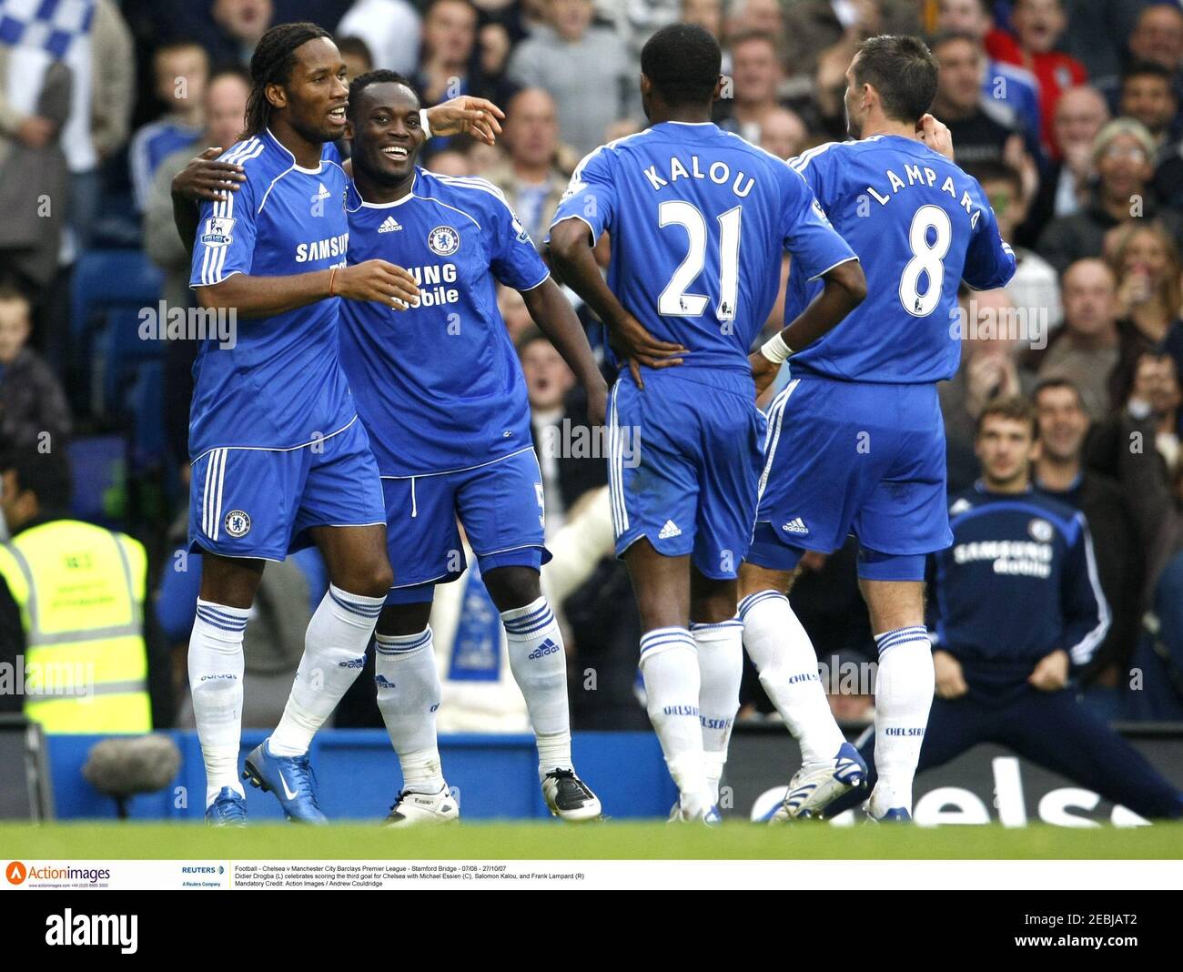Football Chelsea v Manchester City Barclays Premier League - Stamford Bridge - 07/08 - 27/10/07 Didier Drogba celebrates scoring the third goal for Chelsea Michael Essien (C), Salomon Kalou,