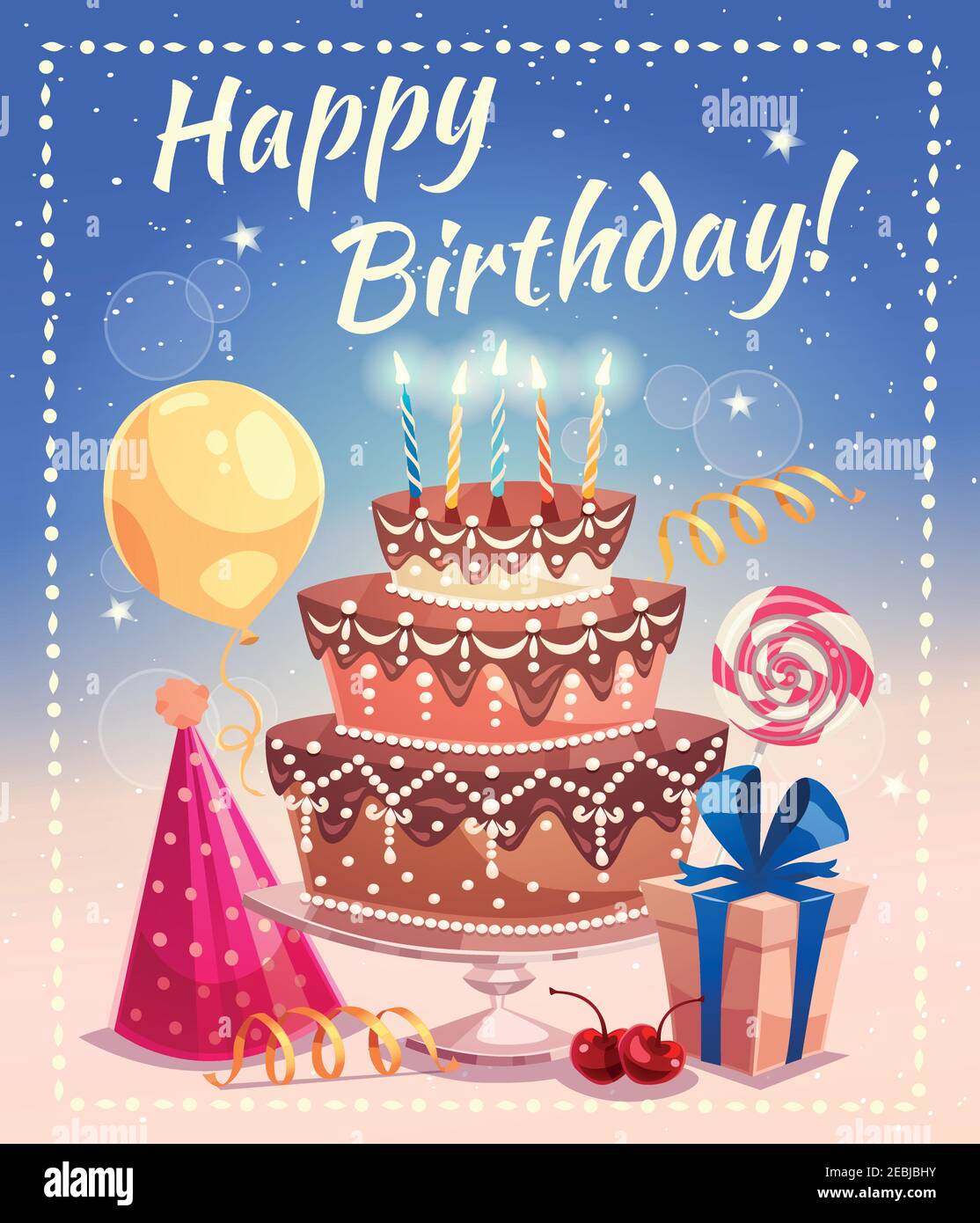 Happy birthday greeting card with big cake candles gift box tied ...