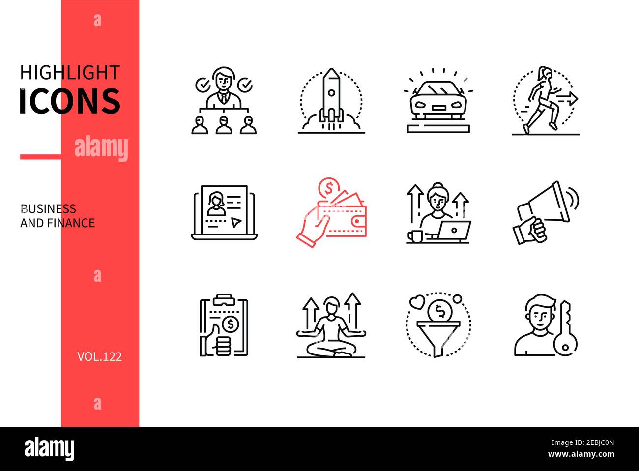 Business and finance - line design style icons set. Management, personal development and marketing idea. Delegating tasks, benefit, career growth, qua Stock Vector