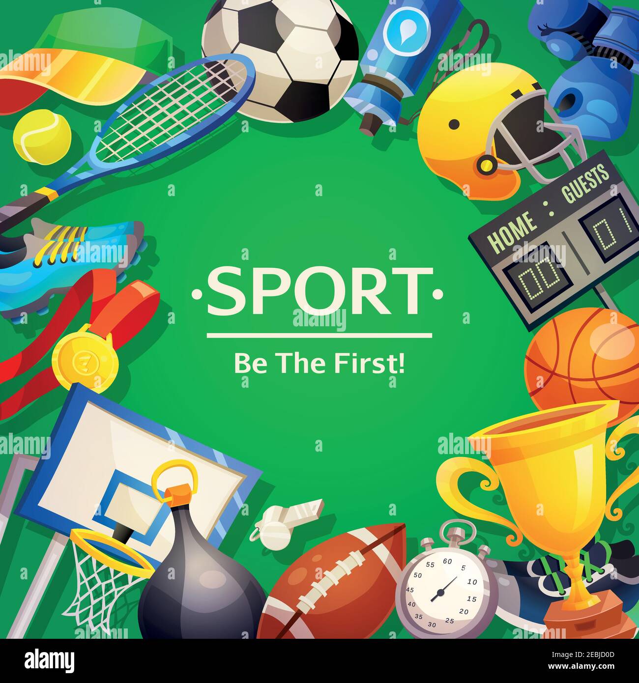 Colorful poster on sport theme with wishing to be first and set of  inventory items on green background flat vector illustration Stock Vector  Image & Art - Alamy