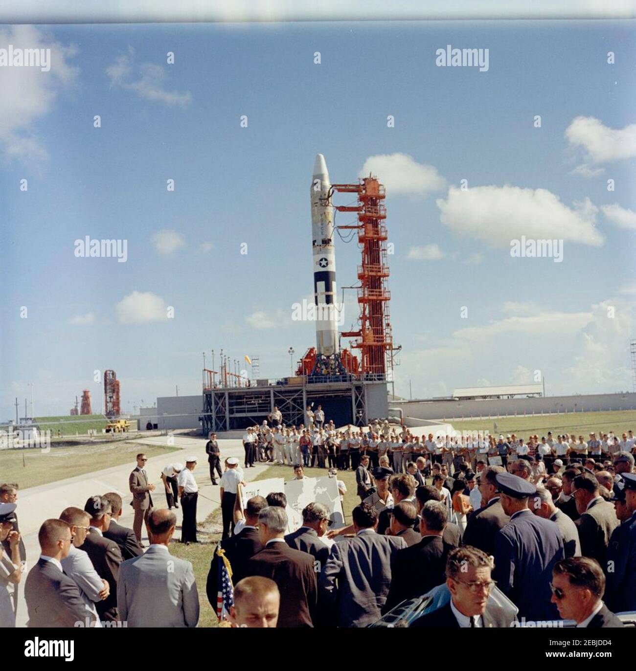 Inspection tour of NASA installations: Cape Canaveral Florida, 2:31PM.  President John F. Kennedy (center right, in foreground) tours the Titan  Launch Complex at Cape Canaveral Air Force Station, Cape Canaveral,  Florida; a